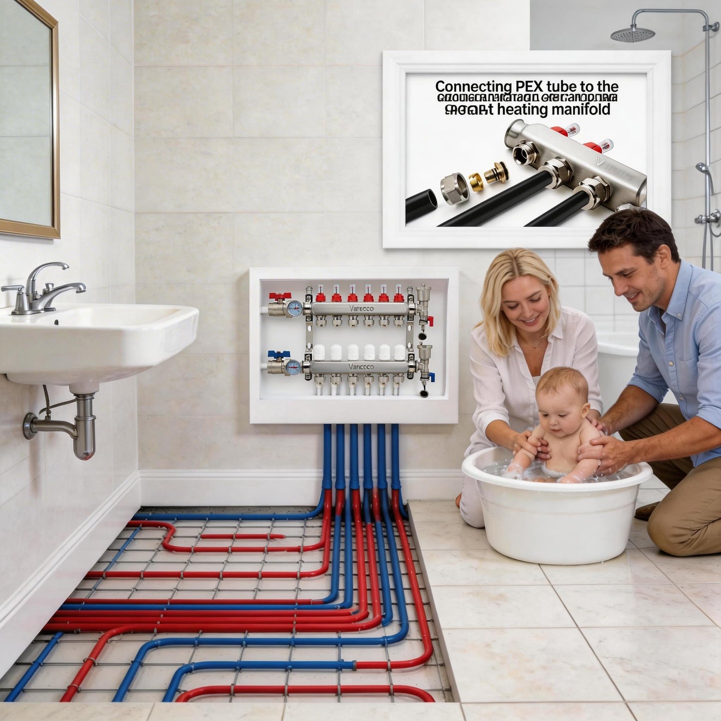 ‌VANCOCO 6 Loop Radiant Floor Heating Manifold, Stainless Steel Infloor Radiant Heat Manifold for Hydronic Radiant Floor Heating with1/2" Adapters