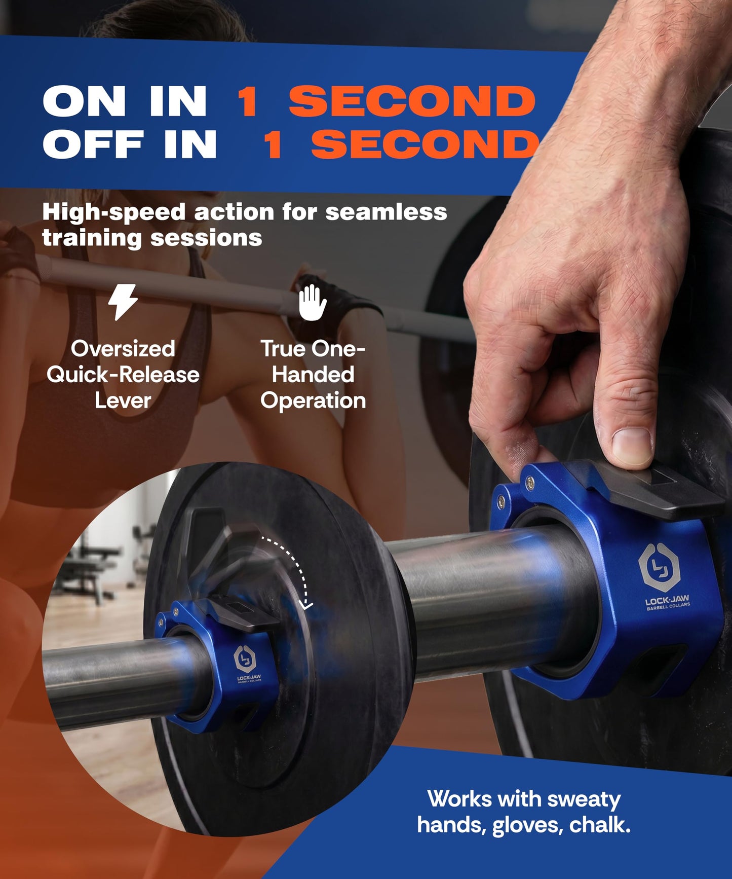 Lock-Jaw Metal Barbell Collars (Blue) Barbell Clamps - 1 Pair Heavy Duty Bar Clamps for 2” & 50mm Olympic Bars – Secure Weight Bar Clamps for Strength Training & Home Gym Accessories – Quick Release