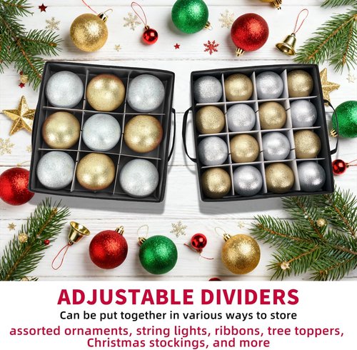 DIMESHY Christmas Ornament Storage Box - Adjustable Dividers & 4 Removable Trays for 64 Decorations | Gray