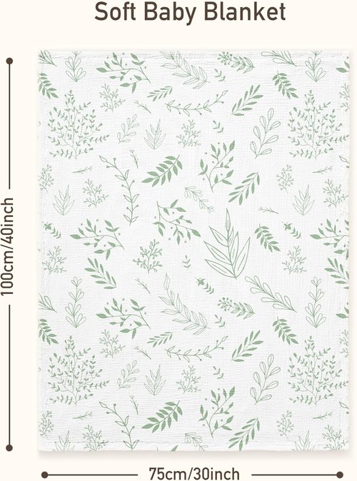 GLLQUEN Baby Blanket - Soft Muslin Cotton Front with Dotted Fleece Backing | Unisex Greenery 30 x 40 Inches