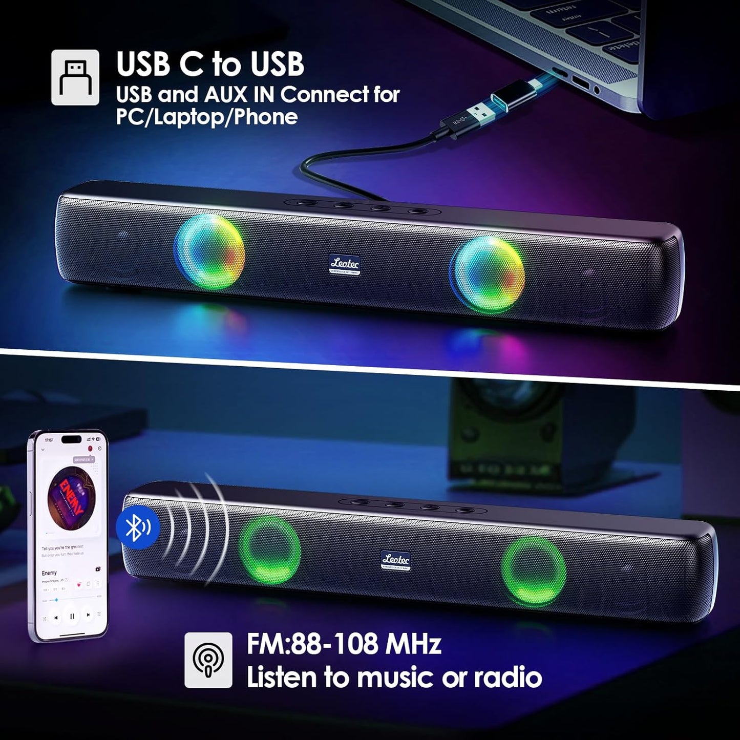 LEOTEC Computer Speakers with FM Radio,Stereo Sound,Portable Mini Sound Bar,Type-C Charging,AUX in,TF,USB for Computer