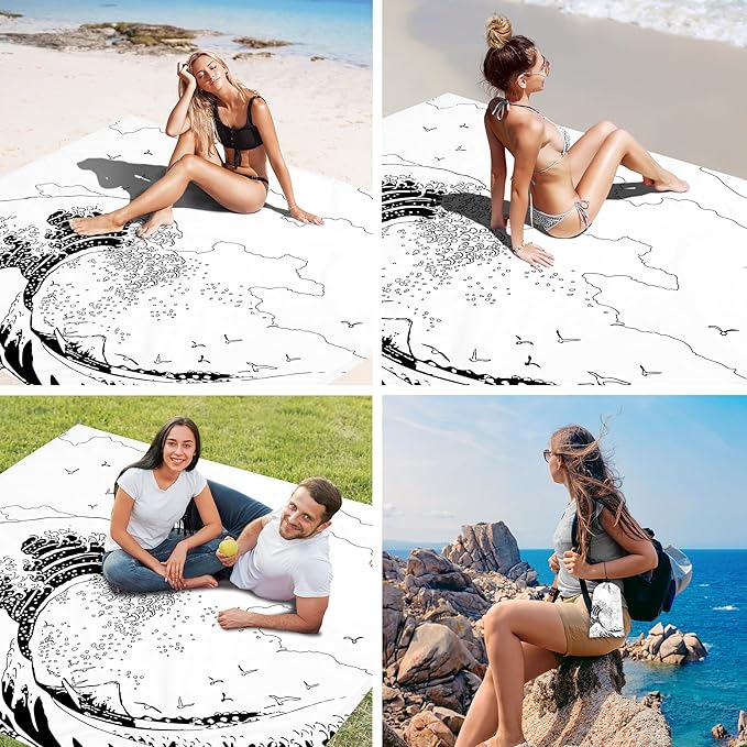 Beach Blanket, Waterproof Sandproof Beach Mat with 4 Stakes & 4 Pockets, 78''×86'' Lightweight Outdoor Picnic Blanket for Travel, Camping, Hiking