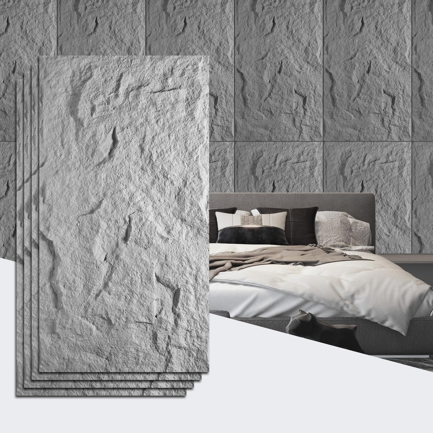 VESLARA 4 PCS Faux Stone Wall Panel 43.3’’ x 23.6’’ PU Wainscoting Panel with Lava Stone Design 3D Wall Panel for Interior Wall Decor Bedroom Living Room Office Cement
