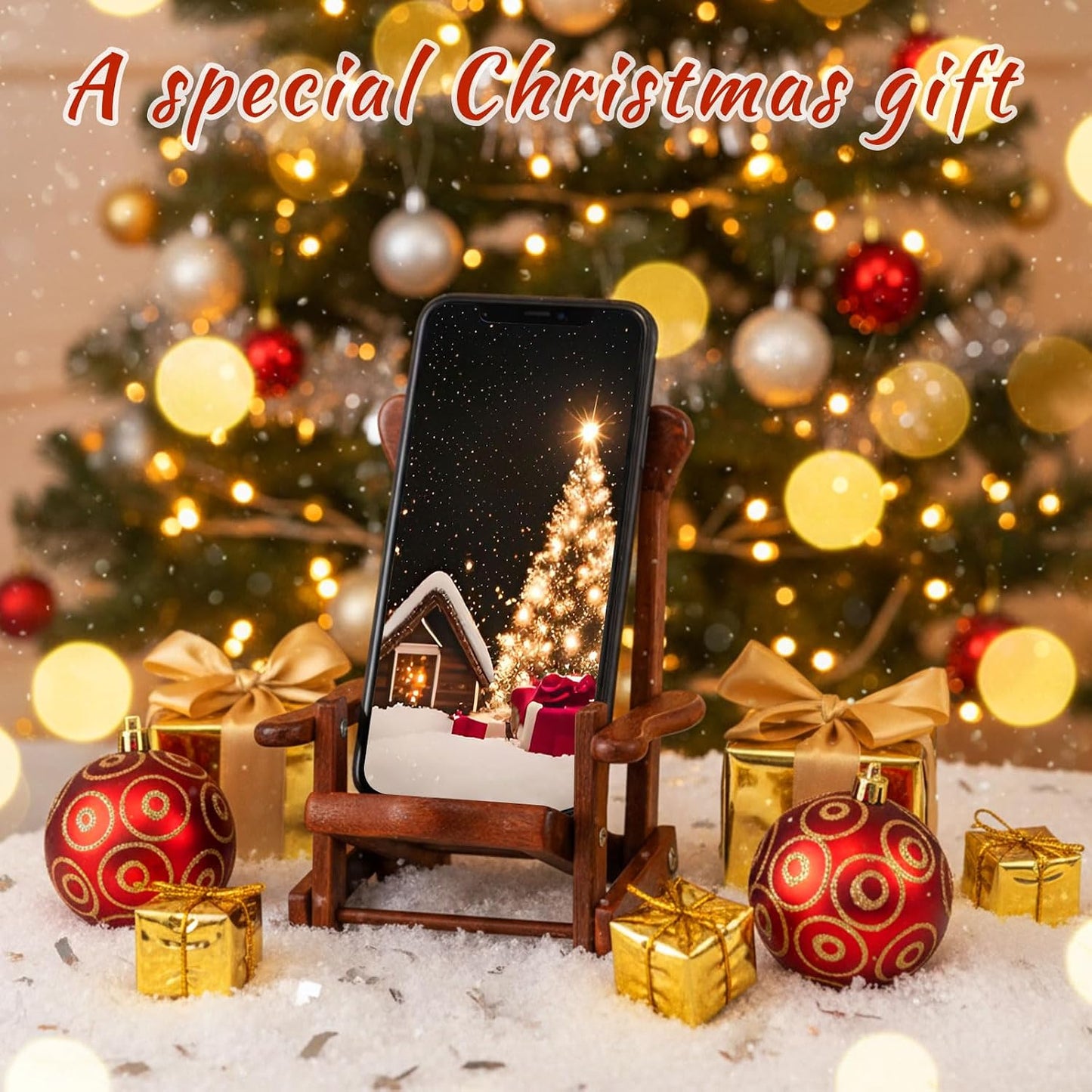 2 Kingdder Pcs Christmas Wood Cell Phone Stand Gifts Folding Chair Wooden Phone Holder Adjustable Office Cellphone