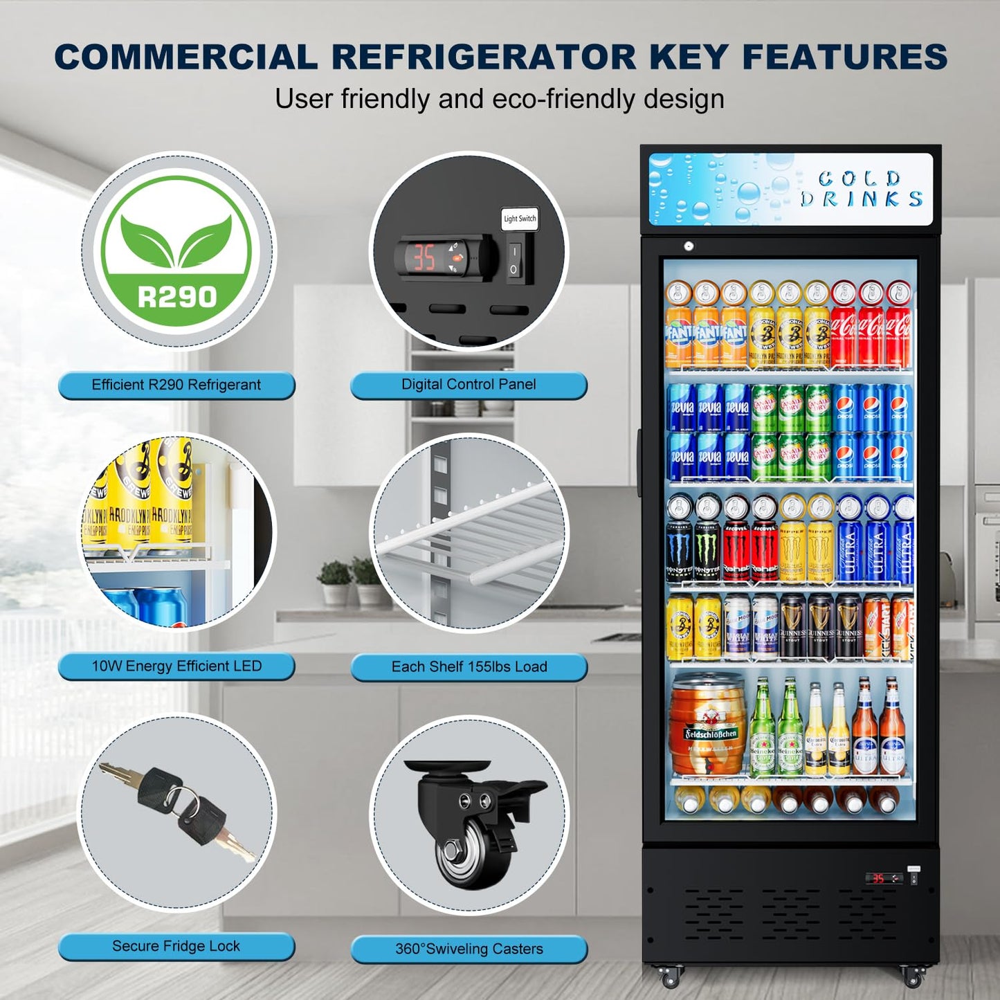 ECEVT 25.7'' W Commercial Refrigerators with Glass Door, 15 Cu.ft. Beverage Refrigerators Commercial Fridge Upright Display Cooler with Soft LED Light and Adjustable Shelves for Restaurant Stores