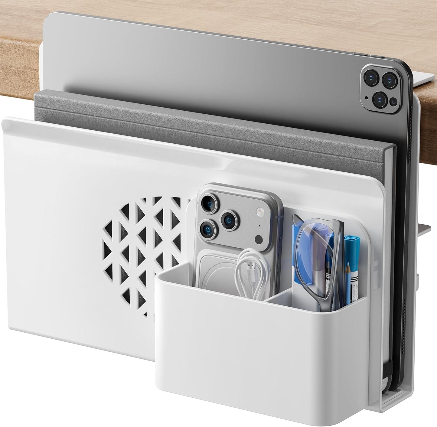 Josmimic Desk Side Storage, Metal Laptop Holder with Magnetic Pen Box, Clamp-On Under Desk Organizer with Cooling Holes