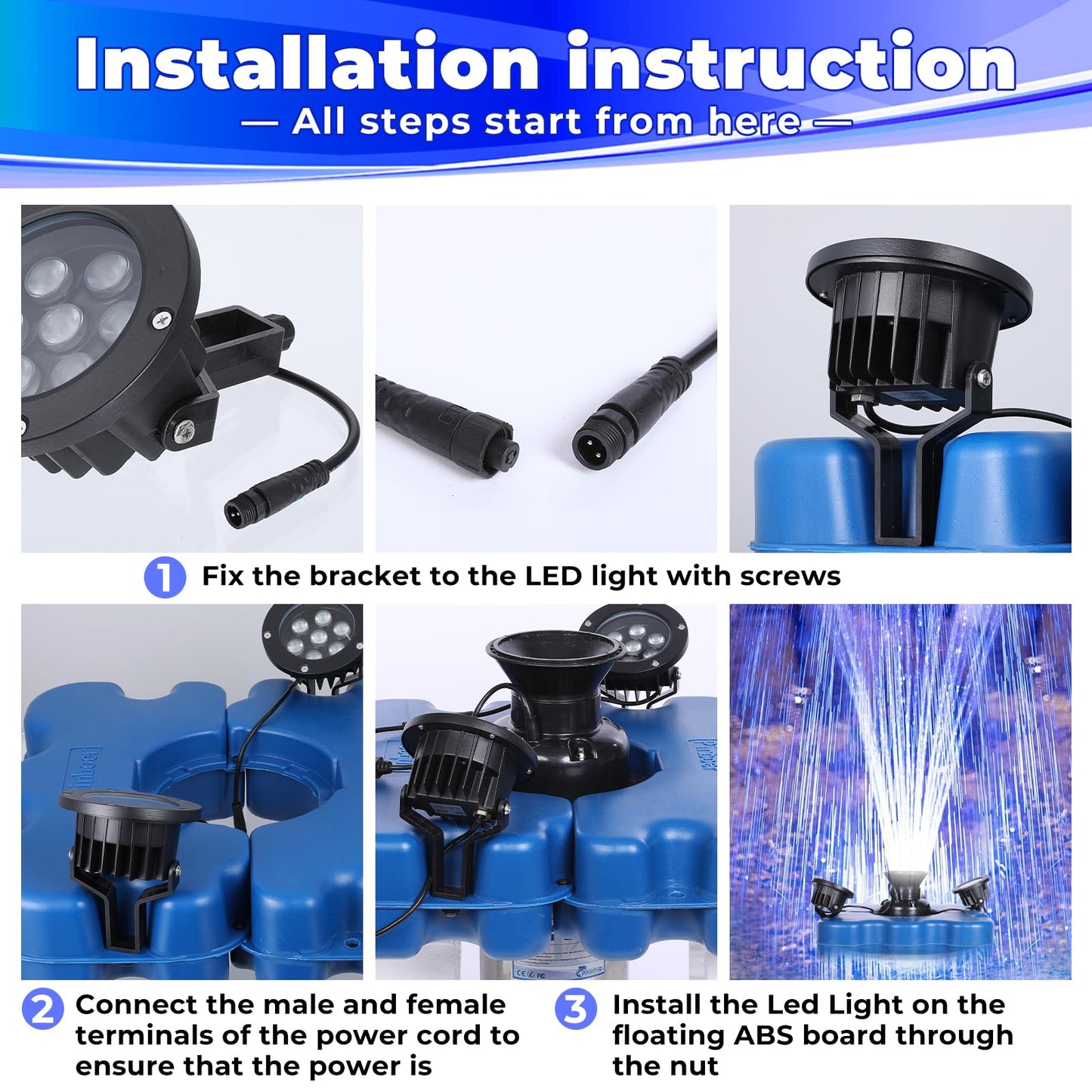 Pond Fountain Aerator with Led Lights RGB-15000 GPH,110V 1HP 750W Floating Fountain Aeration for Large Ponds,Aerating Fountain Pump for Outdoor Ponds & Lakes with 15A/100FT Power Cord