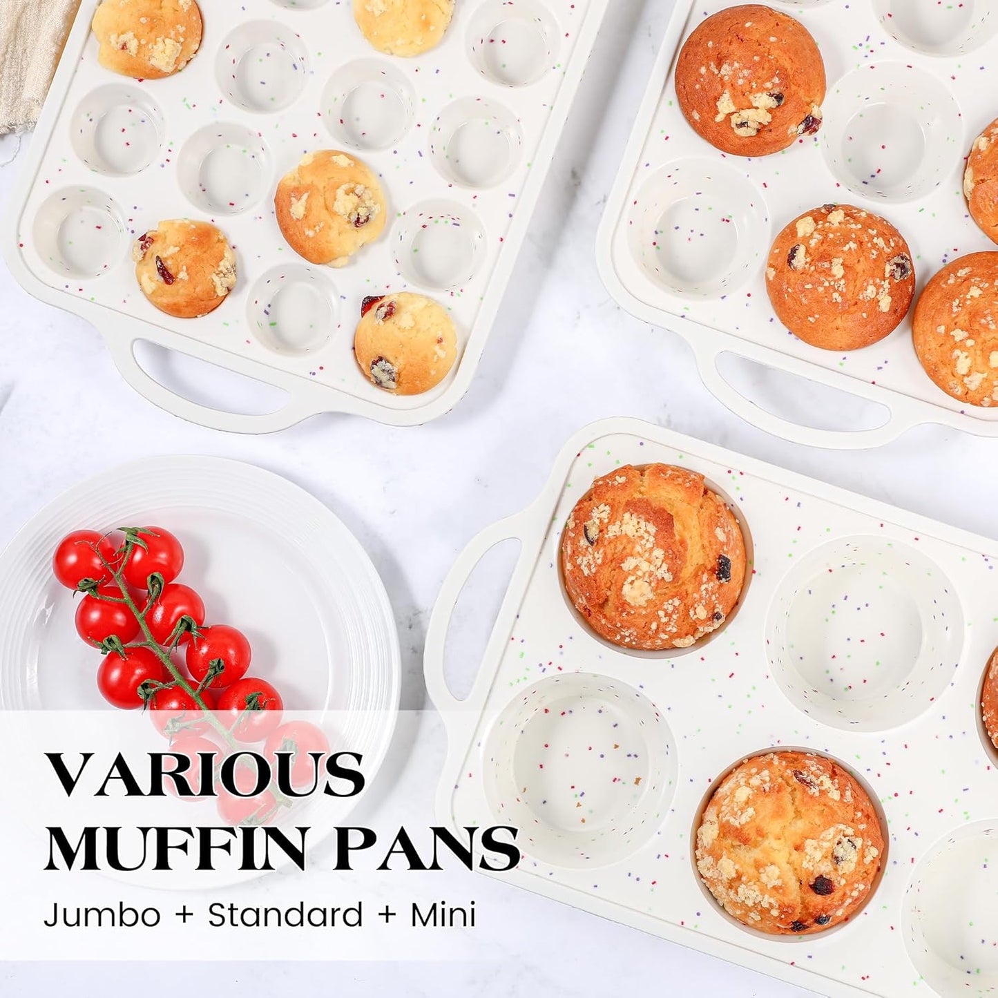 Skiennix Nonstick Cupcake Pan Set - 12 Cup & 24 Mini Muffin Molds | BPA-Free Silicone, Cream Color (2 Pcs)
