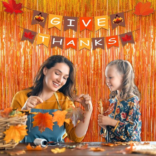 Melsan Tinsel Fringe Curtain - Upgraded 3 Pack of 3.2 x 8.2 Ft Orange Metallic Streamers for Parties & Events