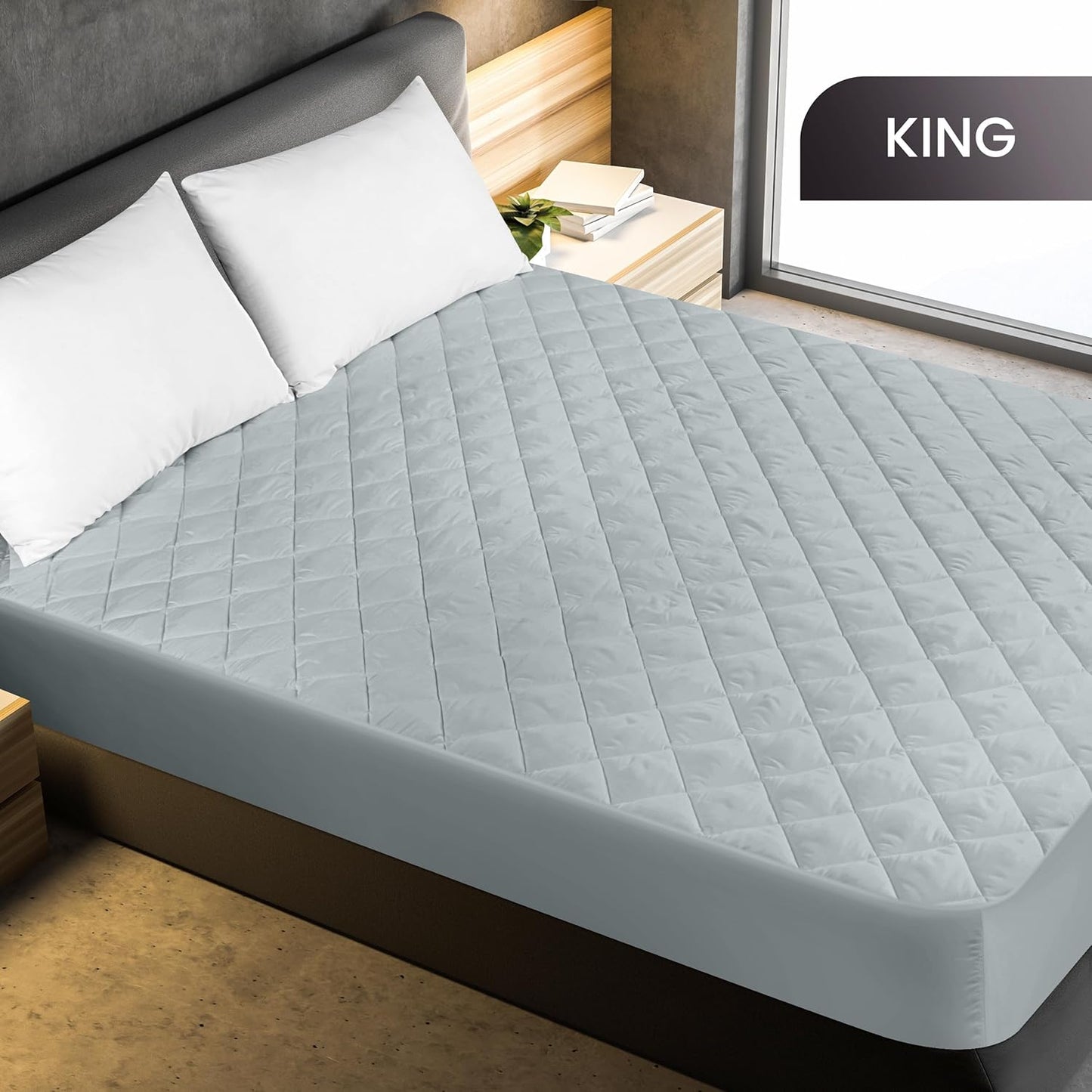 Utopia Bedding Quilted King Size Mattress Pad - Deep Pocket Protector, Machine Washable | Light Grey