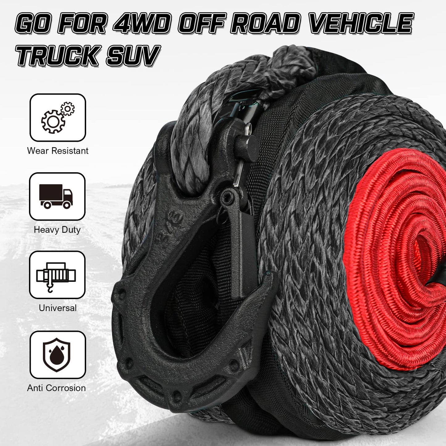 X-BULL Synthetic Winch Rope - Cable Kit -1/2" X 85ft 32000LBS Winch Line with Protective Sleeve Forged Winch Hook Safety Pull Strap go for 4WD Off Road Vehicle Truck SUV ATV UTV- Black