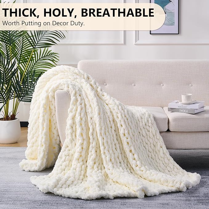 L'AGRATY Chunky Knit Blanket Throw: 72''x84'' Chenille Chunky Knitted Throw Blanket for Bed Couch - Handmade Thick Big Cable Knit Blanket - Large Chunky Crochet Blanket for Home Decor(Cream White)