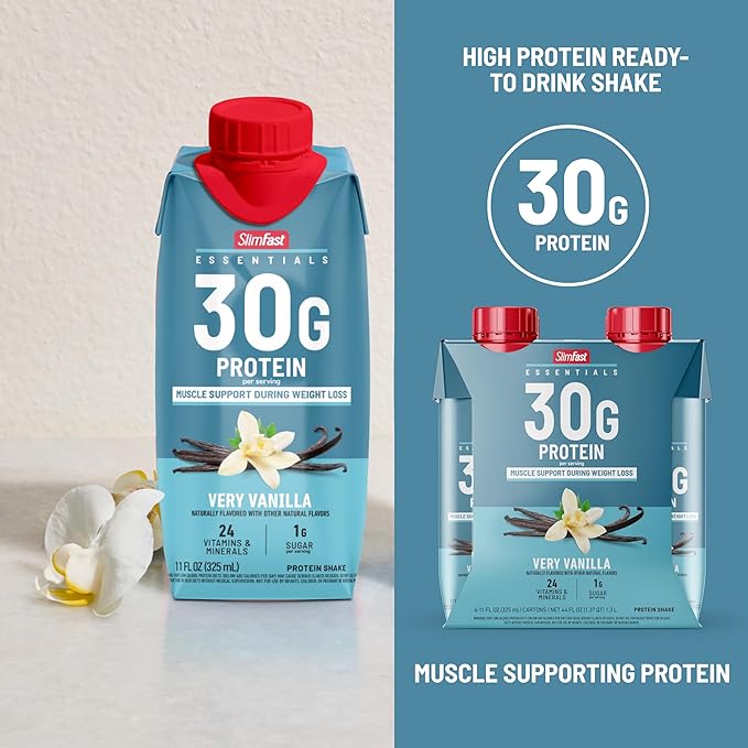 SlimFast Essentials 30g Vanilla Protein Shake, Protein Shakes Ready to Drink, Muscle Support, 1g Sugar, 24 Vitamins and Minerals, 1g Net Carbs, Very Vanilla, 12 Count