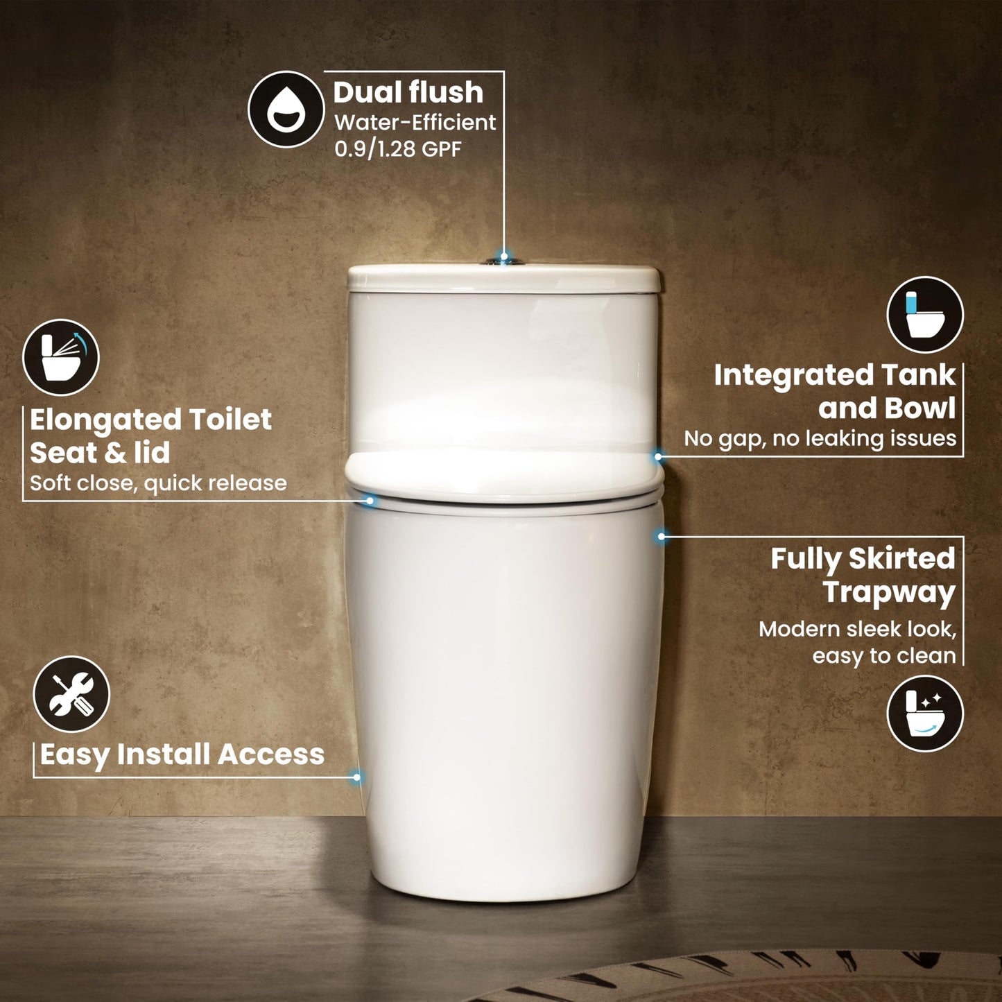 Casta Diva One Piece Toilet Elongated with 17.5" ADA Height Comfort Chair Seat Compact Modern Toilets for Bathroom, Dual Flush High Efficiency 1.0/1.28 GPF & MAP 1000g, 12'' Rough-in, White