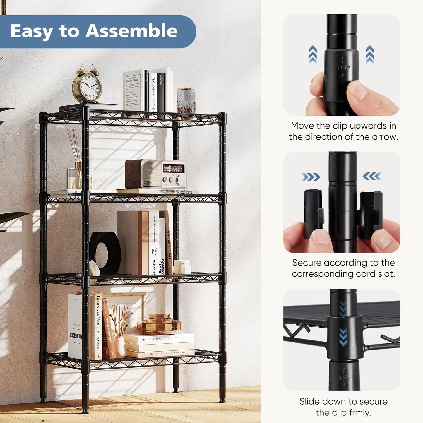 DUMOS 4-Tier Metal Wire Storage Shelves, Adjustable Standing Storage Rack Shelf, Heavy Duty Steel Shelving Unit Organizers for Kitchen Bathroom Pantry Garage, 23.3" W×13.4" D×47" H, Black