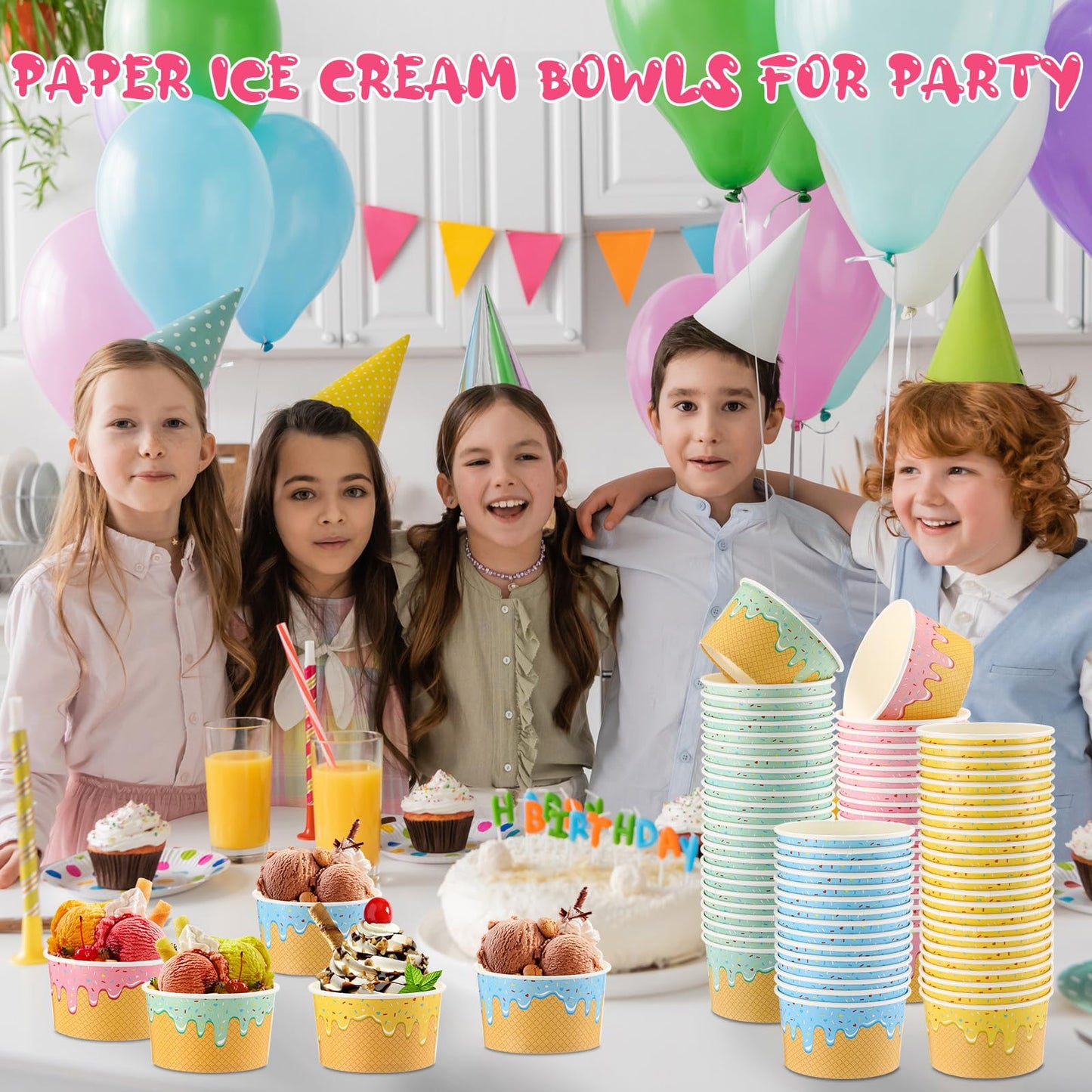 Ninehaoou 100 Pcs Ice Cream Cups Bulk Paper Disposable Dessert Bowls Ice Cream Bowls Paper Dessert Cups Sundae Soup Yogurt Cold or Hot Food Party Supplies for Summer Party Decoration (8 oz)
