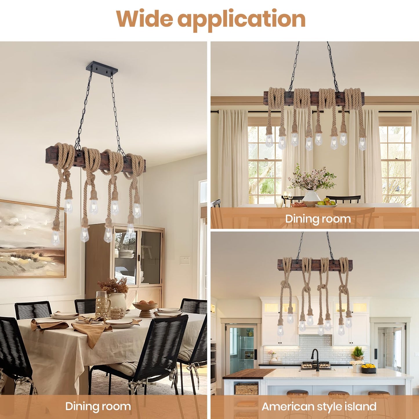 KEESFU Farmhouse Light Fixtures Rustic Chandelier，8-Light Kitchen Island Light Height Adjustable，Hemp Rope Pendant Light for Kitchen Dining Room Bar.