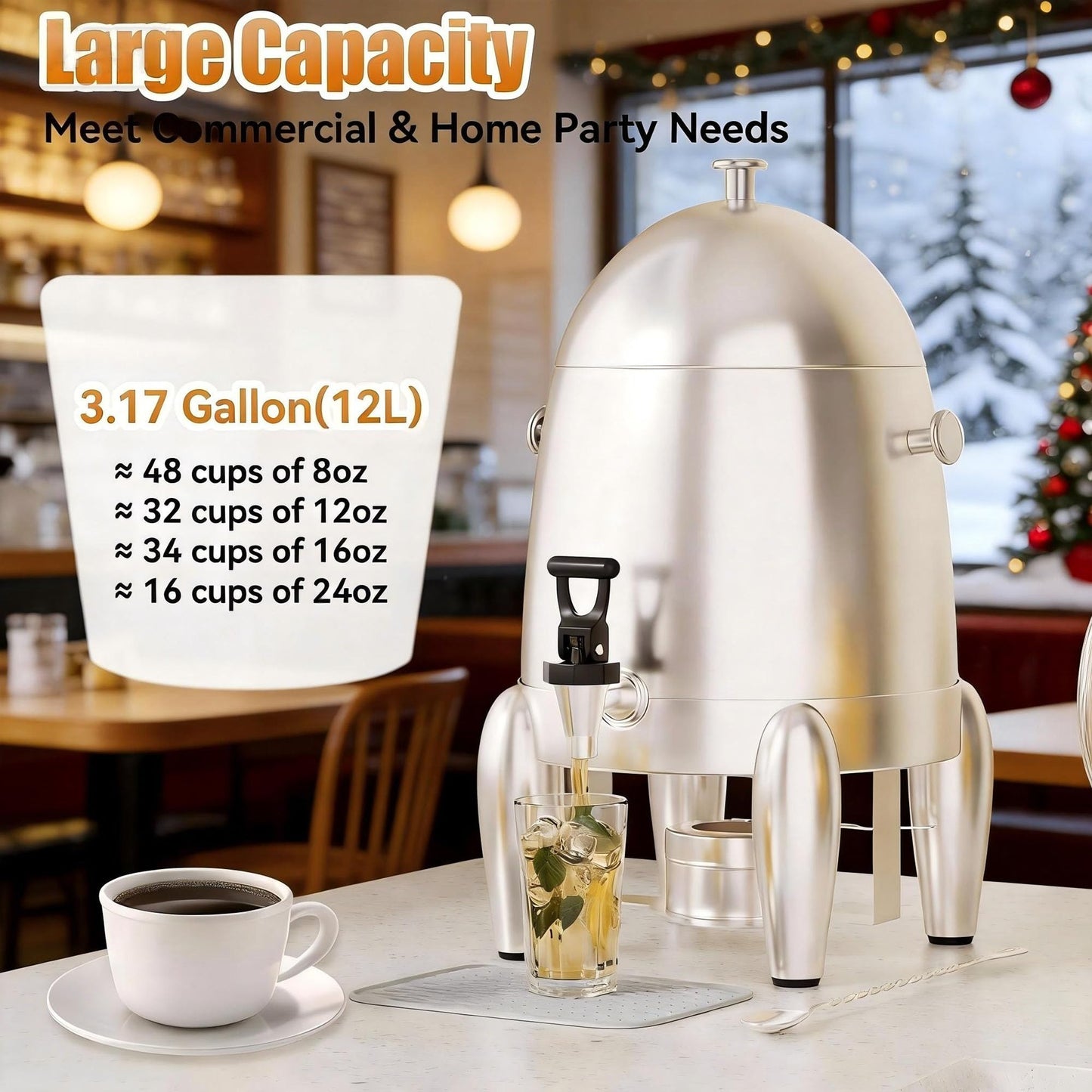 3 Gallon Beverage Dispenser with Stand, Commercial Coffee Urn with Spigot, Hot Drink Buffet Warmer Server for Parties Weddings Holiday Entertaining Catering Events (Plus Mixing Spoon and Drip Mat)