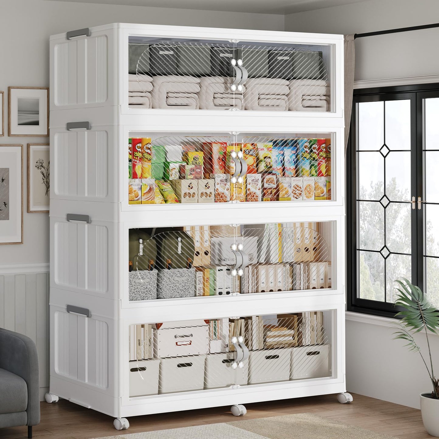 HOCRYPTA 240Gal/960QT 4-Tiers Extra Large Stackable Storage Bins with Lid, Collapsible Cabinet Closet Organizer Plastic Container Box with Wheels Doors Drawers for Living Room Kitchen Office, White