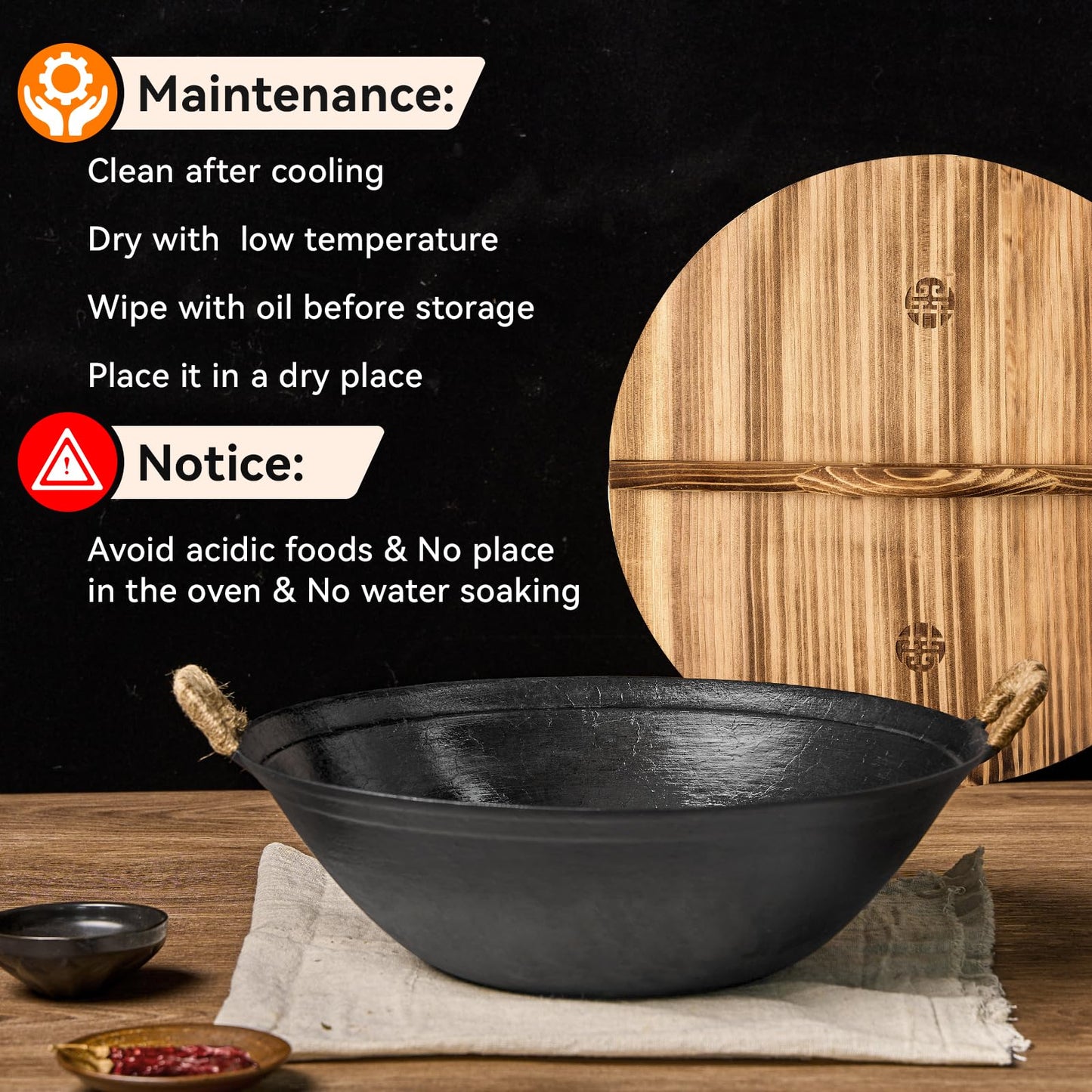 WANGYUANJI Cast Iron Wok Pan 14.9 inch Large SUGUO Wok Stir Fry Pan Flat Bottom with Dual Handle and Wooden Lid, Suitable for All Cooktops, Uncoated Chinese Traditional Wok
