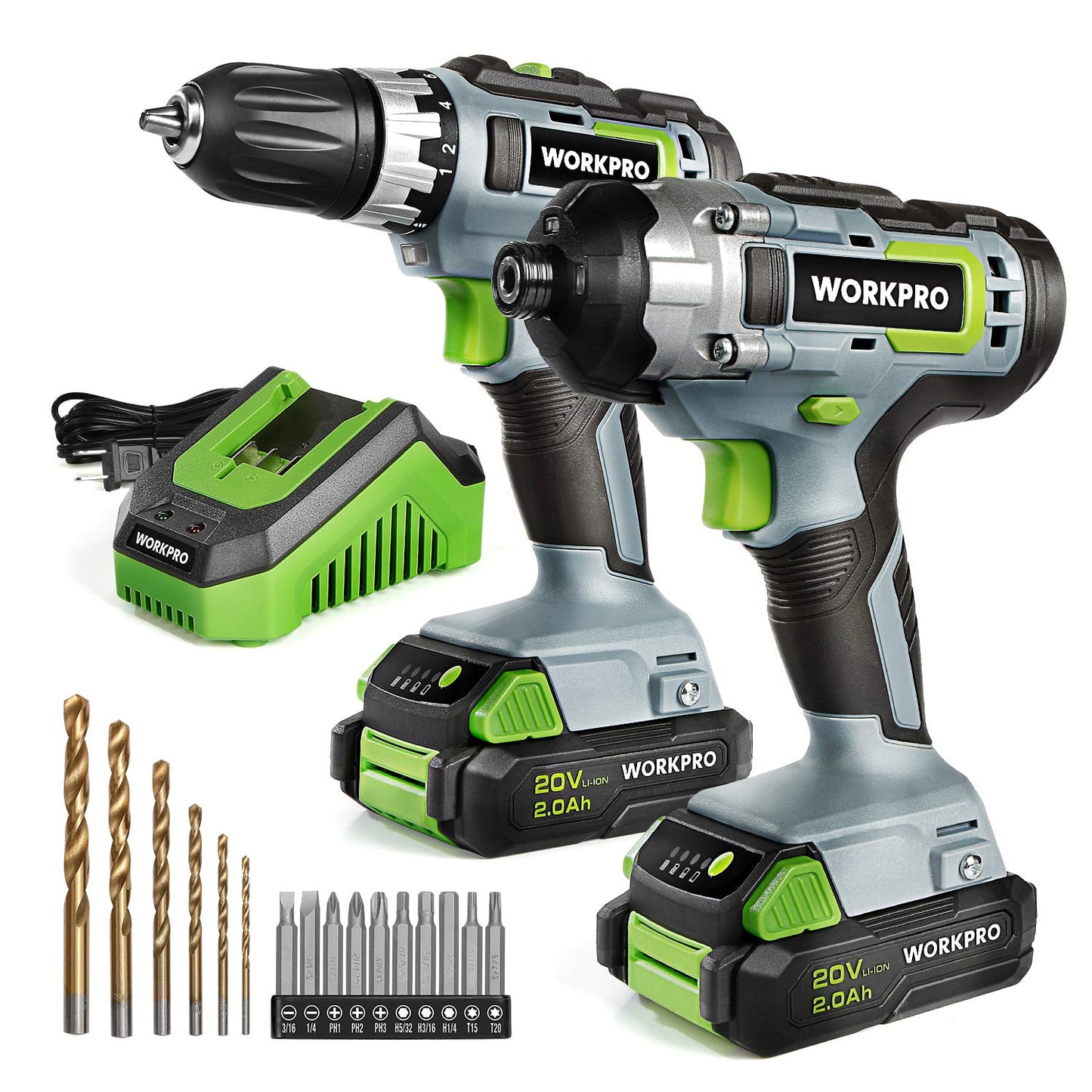 WORKPRO 20V Cordless Drill Combo Kit, Drill Driver and Impact Driver with 2x 2.0Ah Batteries and 1 Hour Fast Charger