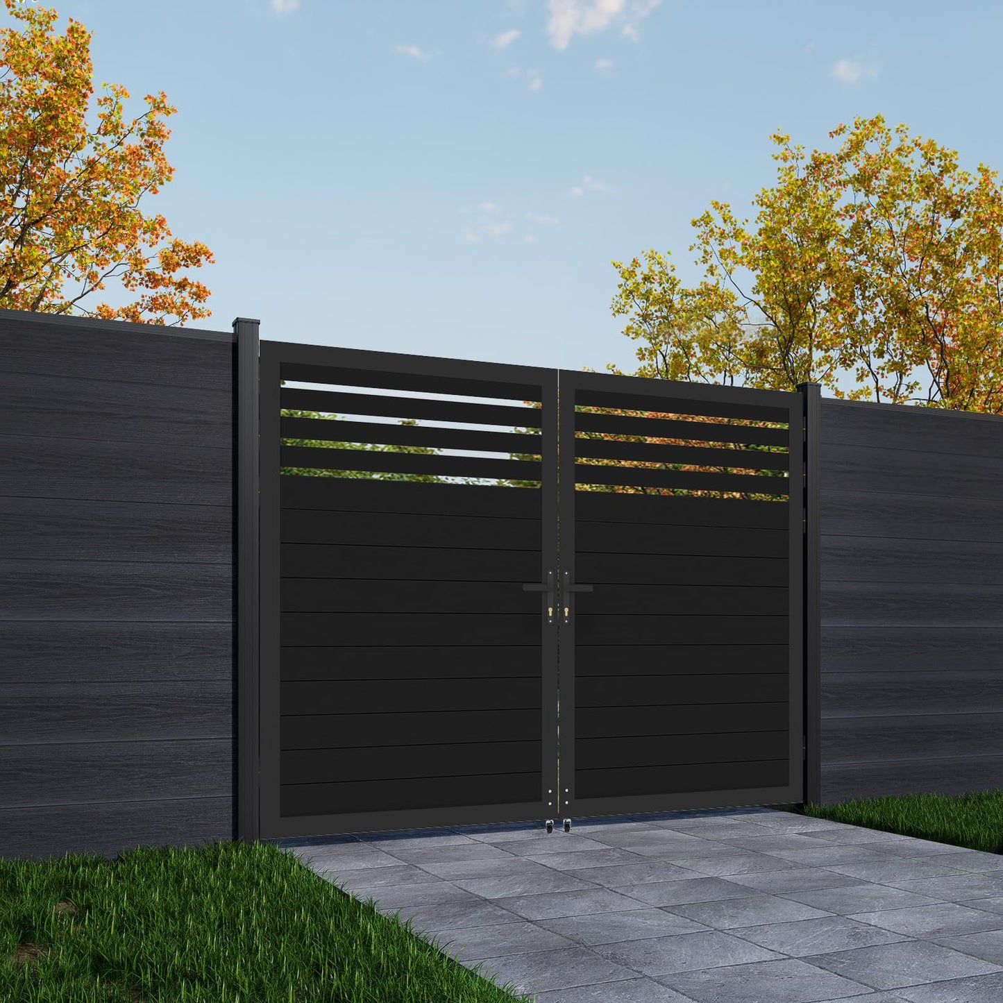 Mondaria Aluminum Double Fence Gate, 6FT H x 8FT W Outdoor Driveway Privacy Gate with Heavy Duty Metal Frame, Rustproof Powder-Coated Gate with Lockable Handle Kit, Semi-Privacy (Posts Not Included)