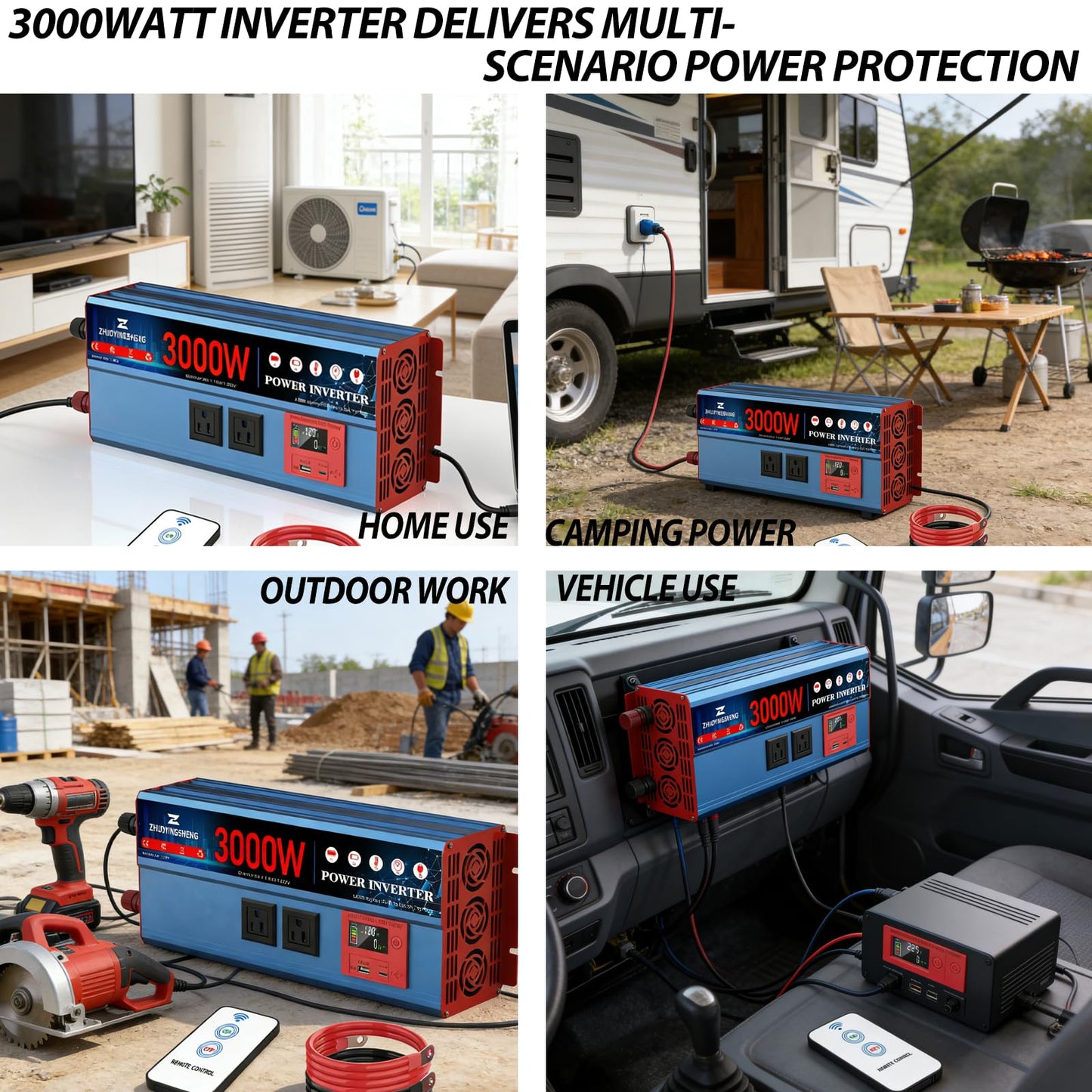 3000 Watt Inverter 12V DC to 120V AC Converter with LCD Display & Remote Control - 2 AC Outlets, USB 3.0 + Type-C Ports, Car Power Inverter Compatible with RV, Truck, Home, Off-Grid & Solar Systems
