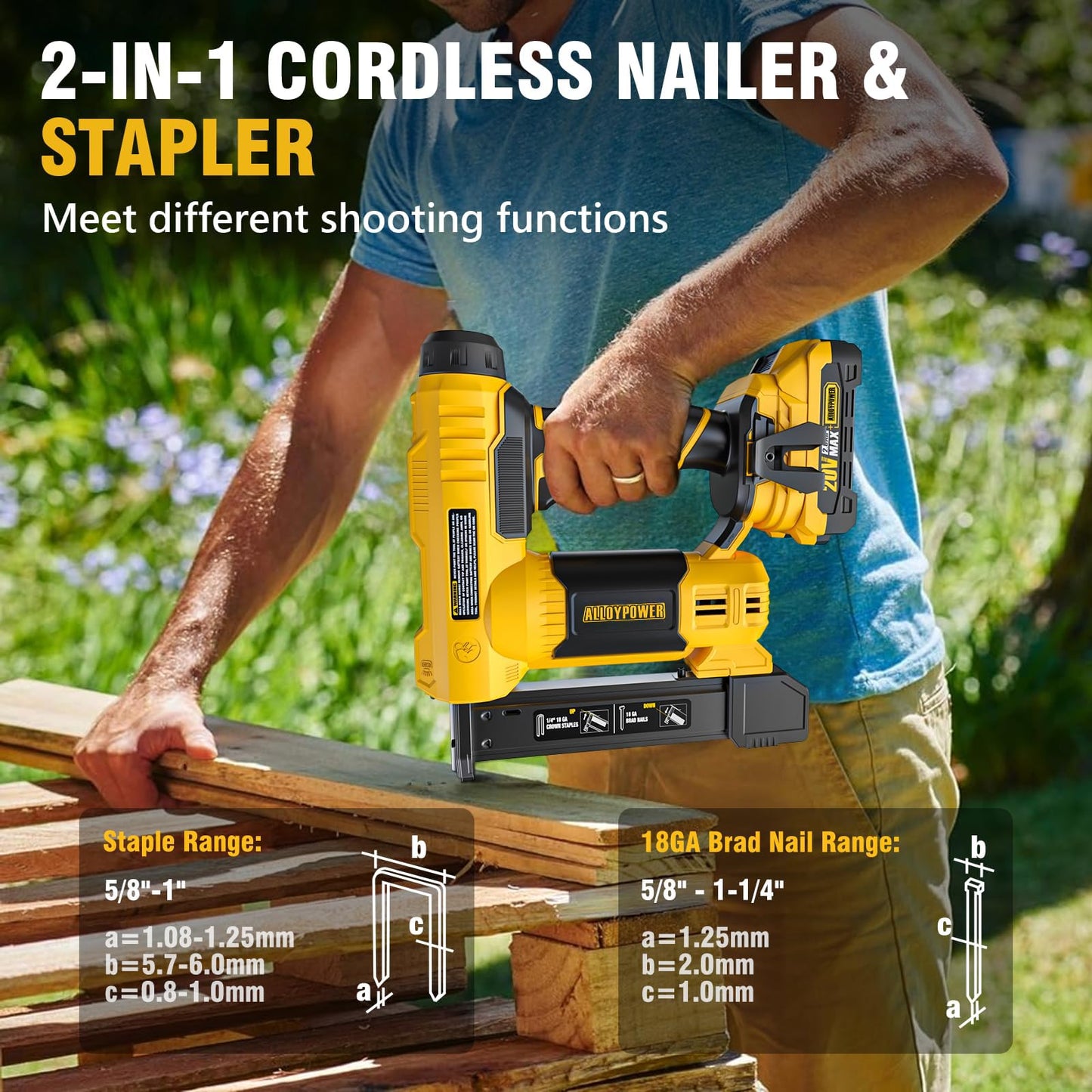 ALLOYPOWER 2 in 1 Cordless Brad Nailer/Electric Stapler with 2.0Ah Battery and Charger,1000pcs Nails and 500pcs Staples Included for Home Improvement & Woodworking