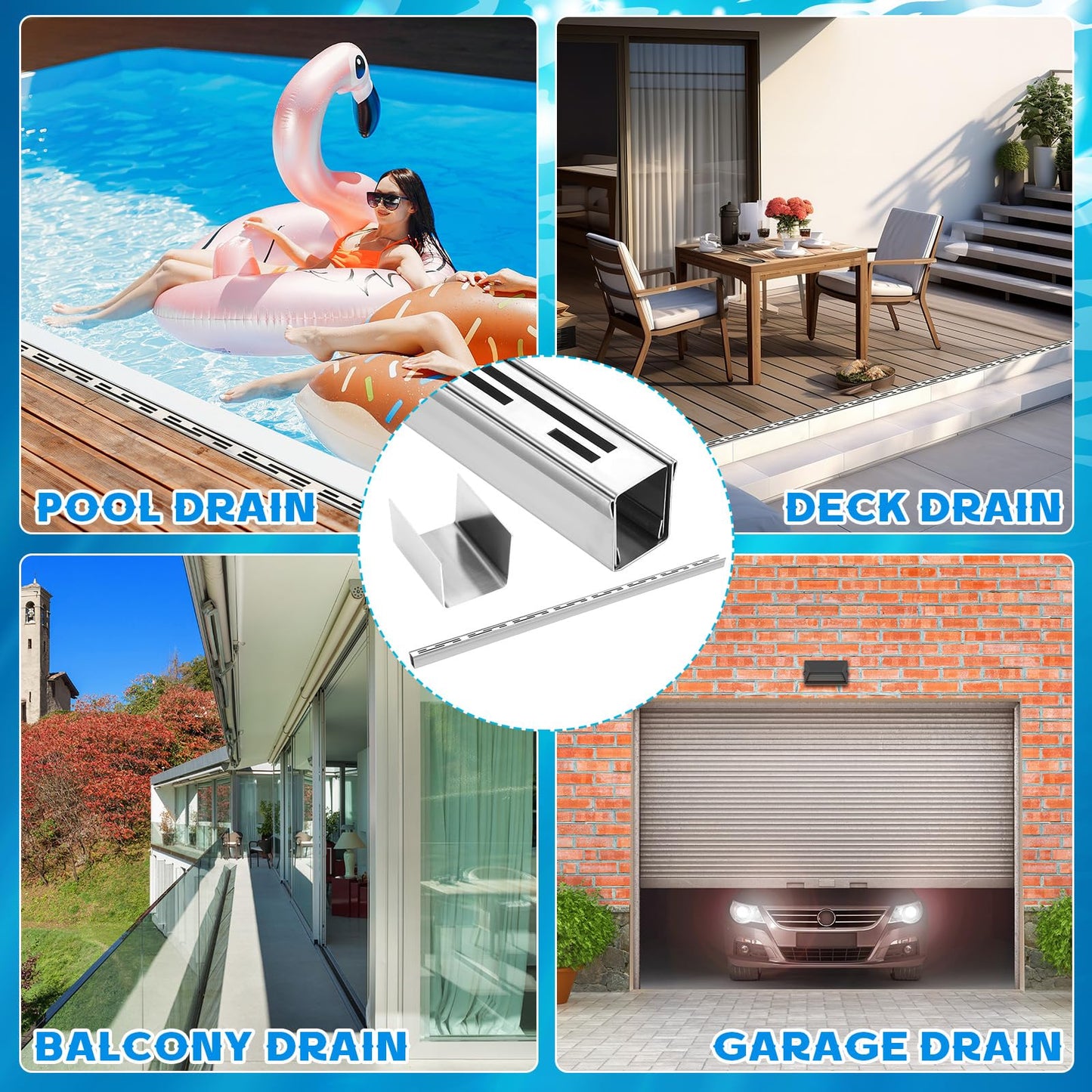 Otoolling 4 Pack Pool Deck Drain 1.25-inch W x 4-feet L, Outdoor Deck Drainage System 304 Stainless Steel with Coupling, Channel Drain for Integrated Grate/Concrete/Paver/Patios/Walkways (Silver)