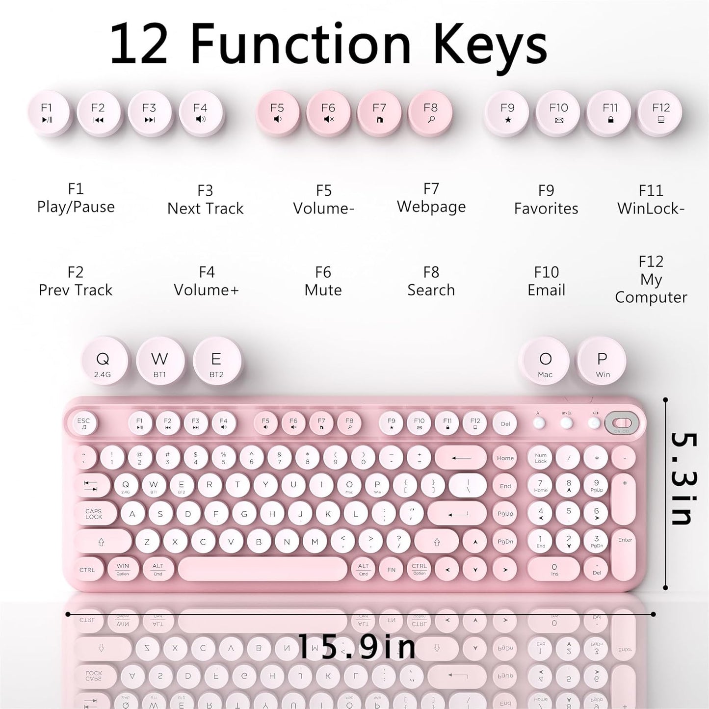 Links9+ 2.4GHz Wireless Bluetooth Keyboard, Retro Round Typewriter Keyboard, Dual Mode Bluetooth & Receiver, Compatible