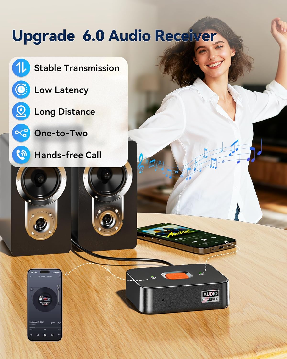 MiiTeeks 6.0 Bluetooth to RCA Adapter for Stereo Receiver-Long Range Low Latency Bluetooth Receiver for Home Stereo