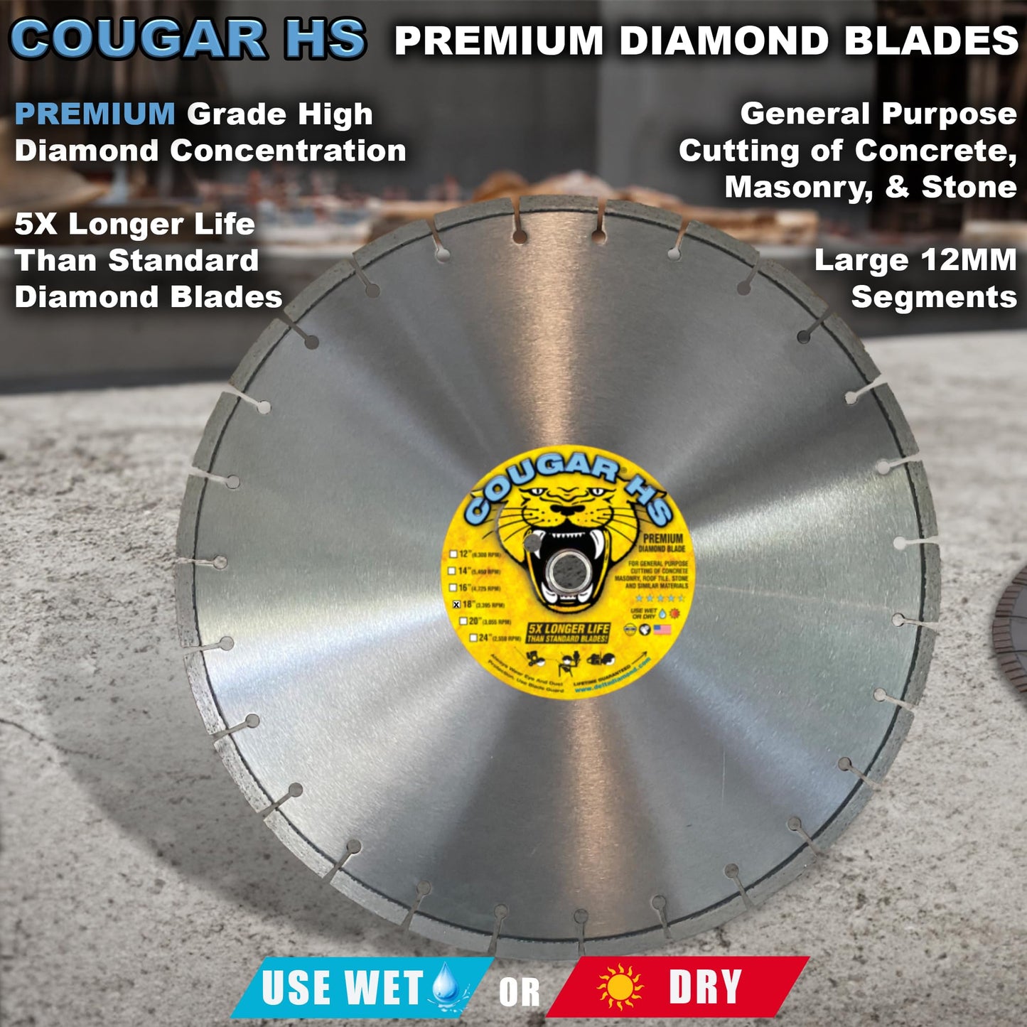Cougar HS 18 Inch Diamond Concrete Saw Blade, Premium General Purpose Segmented Blade, Dry/Wet Cutting Concrete, Masonry, Brick, & Block 1" Arbor