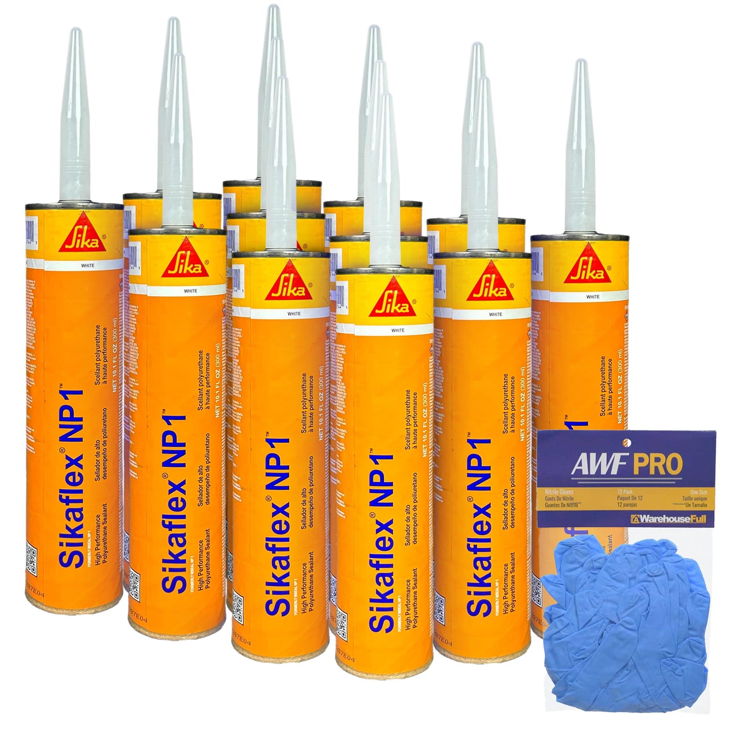 MasterSeal NP1 White 10.1oz Polyurethane Sealant- Pack of 12 with AWF PRO Gloves. One Component, Flexible, Non Sag, Elastomeric Acoustic Sealant