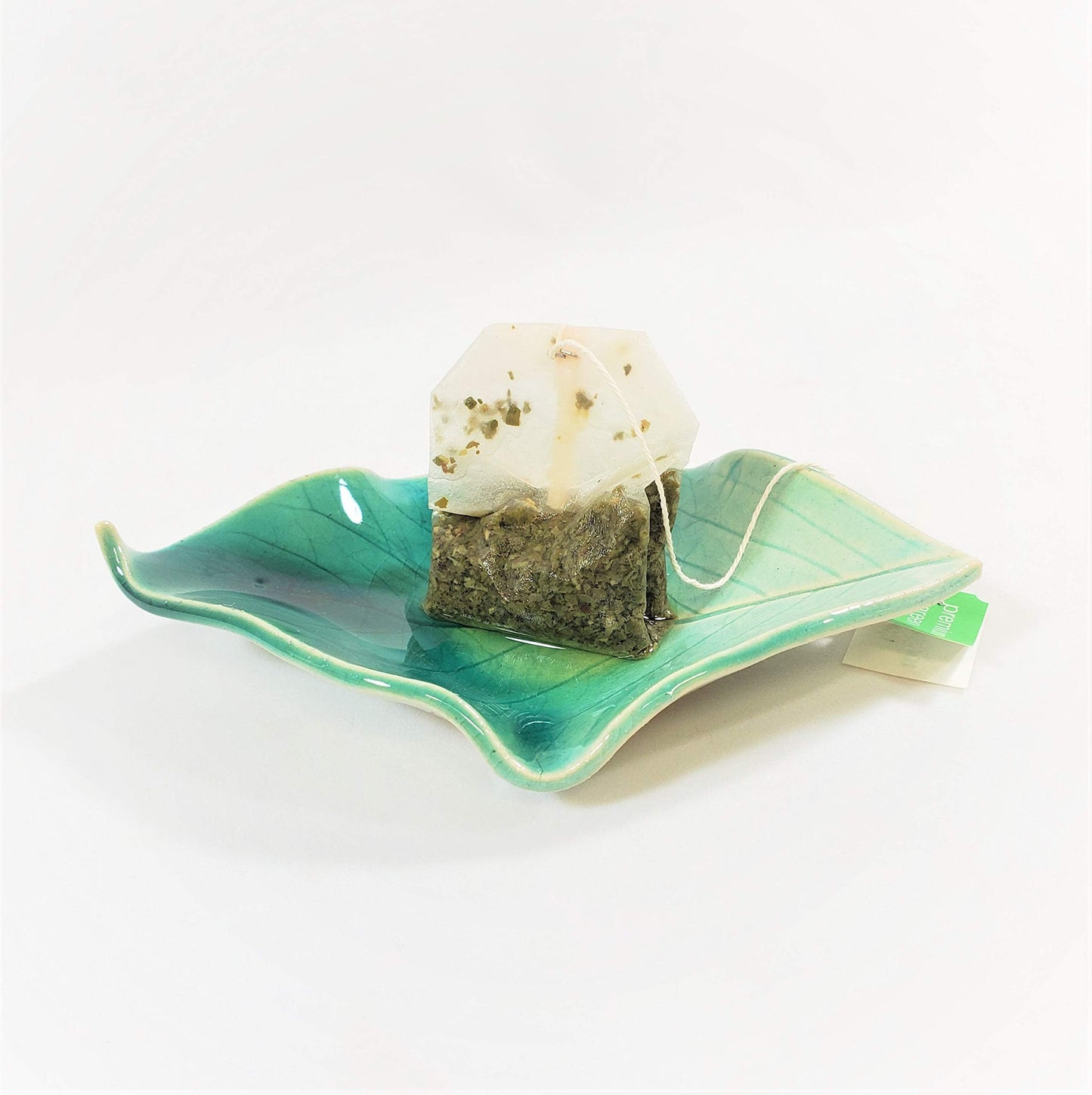 Earthen Vessels Pottery, Hydrangea Leaf Spoon Rest, Tea Bag Coaster, Ring Dish, Set of 3 In Summer Green, Pink & Teal
