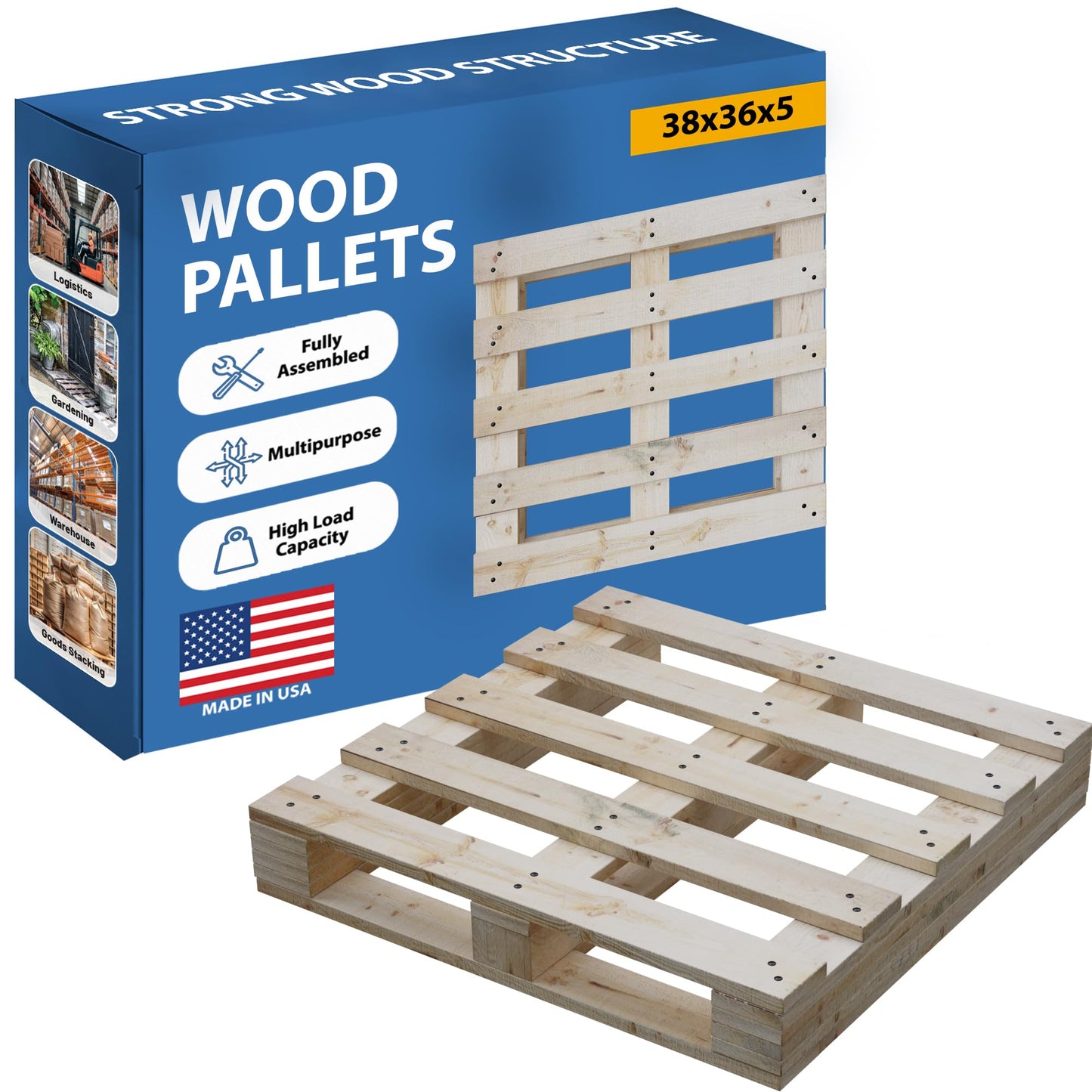 Greaton, Wooden Pallets, Easy for Commercial Use, Strong Sturdy Structure, 38x36x5, 2 Pcs, Wood Finish