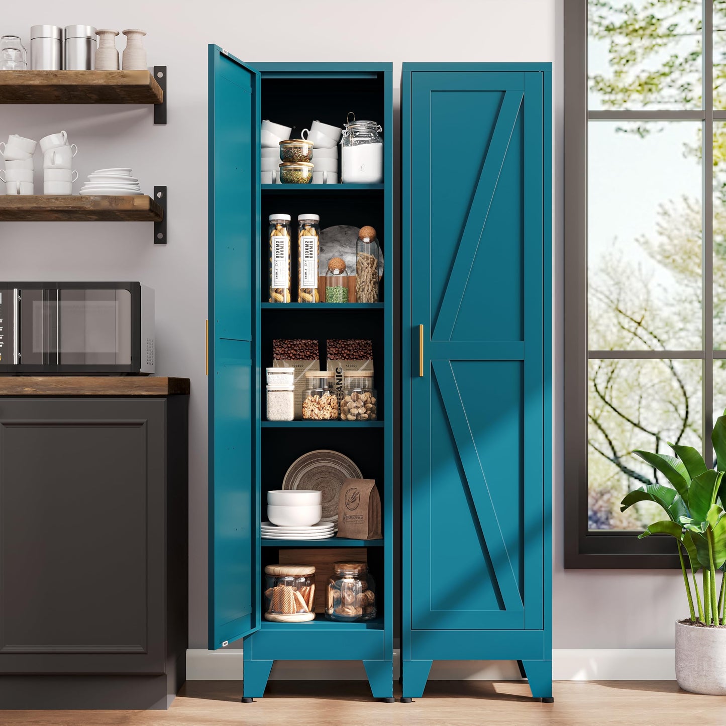 QPRVPTOW 67" H Broom Closet Storage Cabinet,Metal Cleaning Cabinet,Narrow Storage Cabinets with 4 Adjustable Shelves,Slim Tall Floor Cabinet