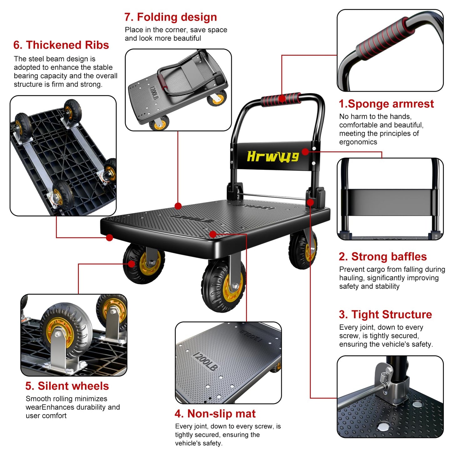 Hand Cart Dolly, Push Cart with 360 Swivel 5'' Wheels, 1200LBS Capacity, Dolly Cart with Wheels Warehouse Cart for Groceries, Garage, Warehouse - Black