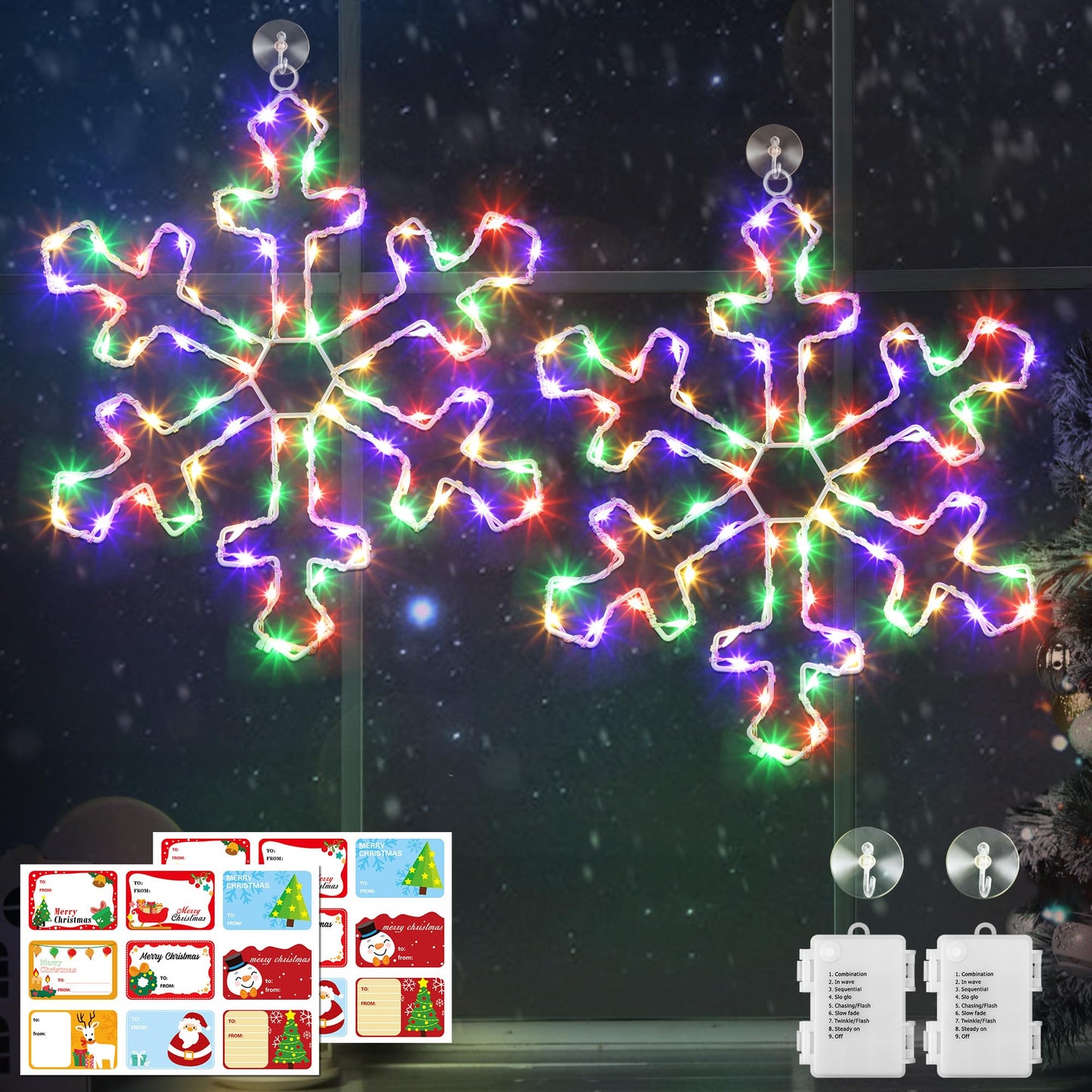 Hiboom 2 Pack Christmas Window Lights, 12 Inch Colorful Snowflake LED Decorations, Model CW-Hiboom-1807, Battery Powered