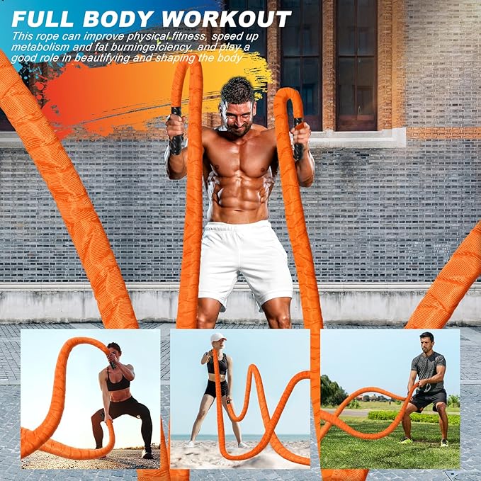 Battle Ropes for Home Gym 1.5Inch Diameter 30 FT Lengths Workout Heavy Battle Ropes for Exercise Training Weighted Rope for Working Out Exercise Equipment with Protective Cove - Orange