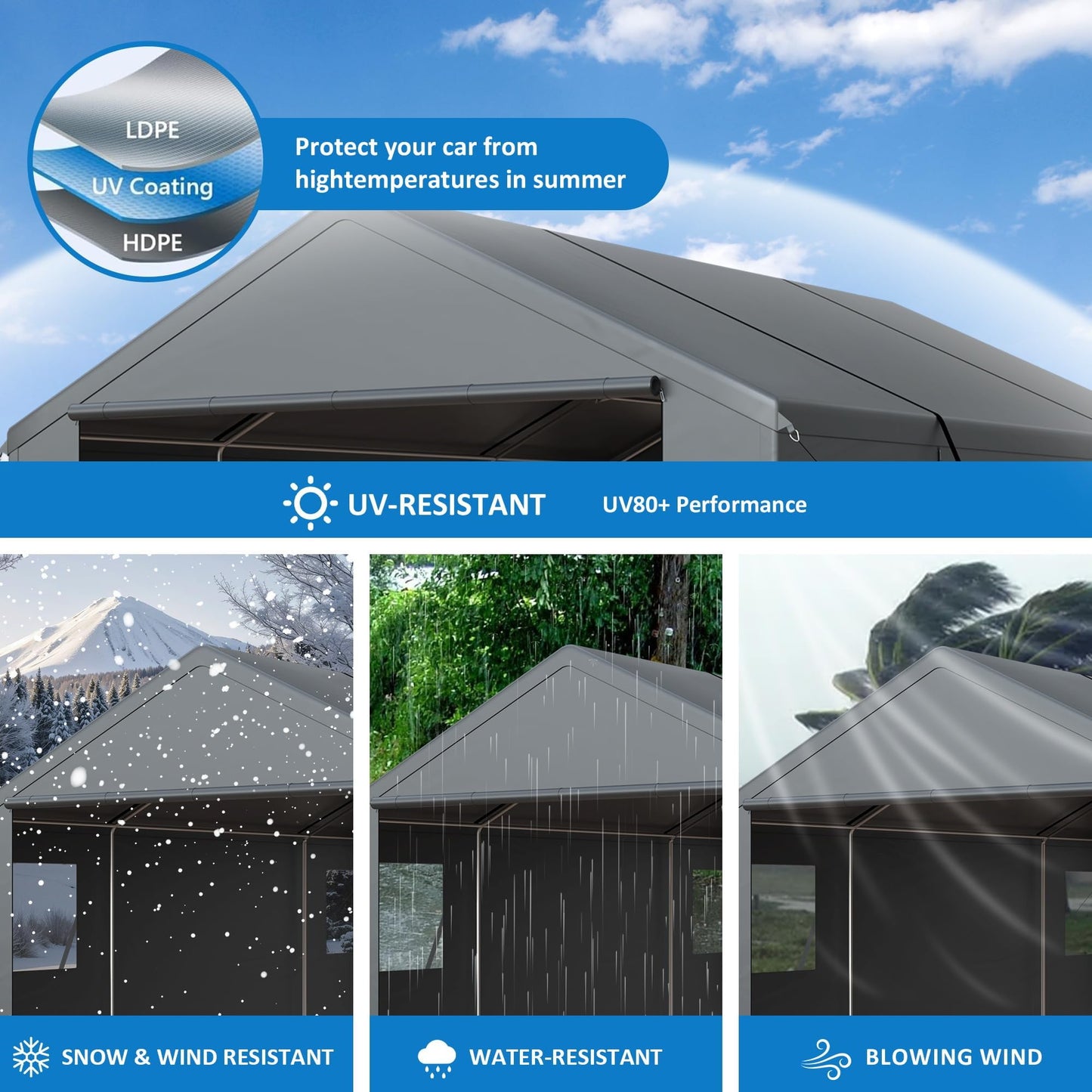 Polar Aurora 20x20 FT Heavy Duty Carport with All-Season Tarp, Portable Car Tent Garage with Roll-Up Windows & Side-Opening Door, Enclosed Car Port Canopy Tent with Galvanized Frame for Car, SUV, Boat