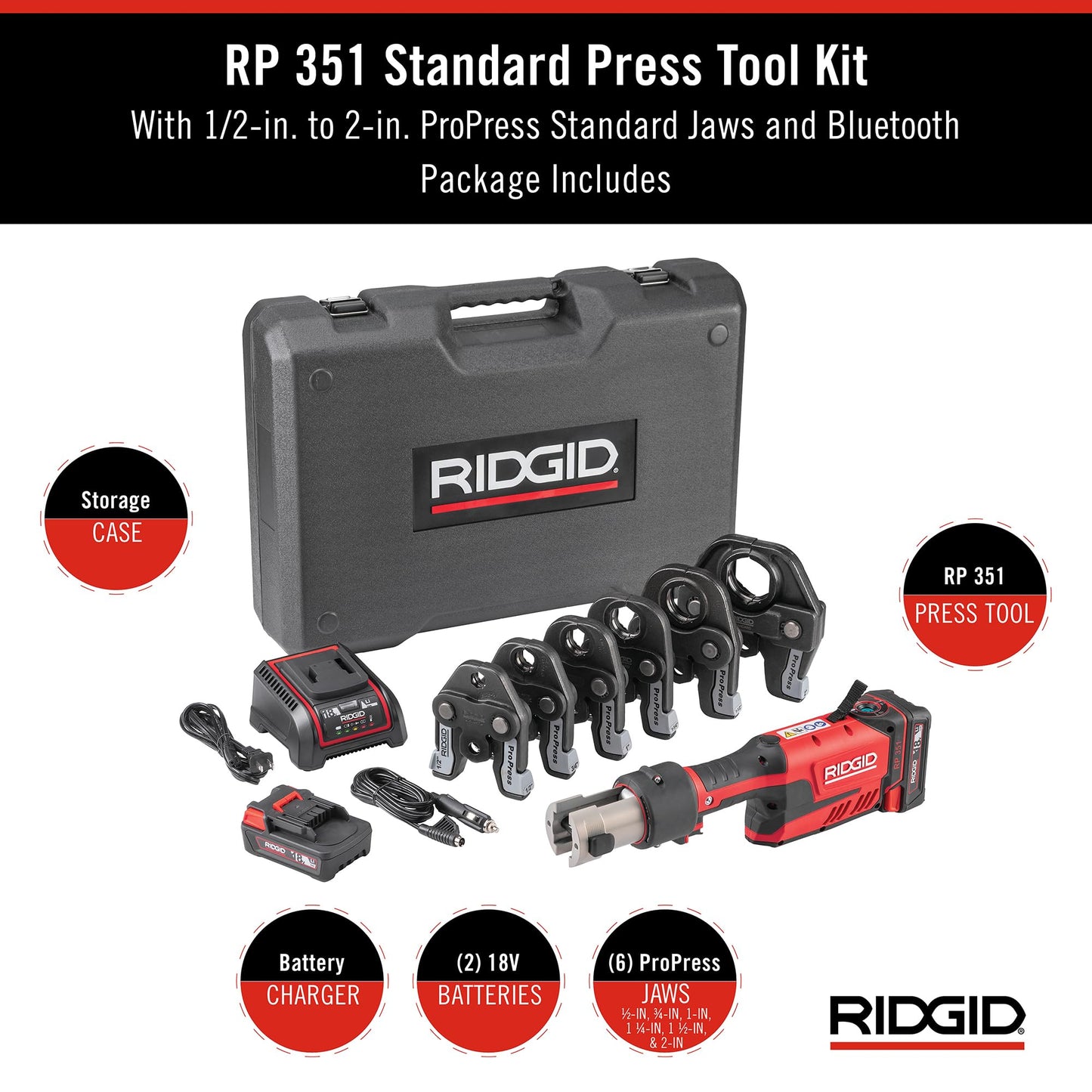 RIDGID 67178 Model RP 351 ProPress Standard Press Tool Kit with Battery, Charger, 1/2" to 2" Press Tool Jaws, and Carrying Case