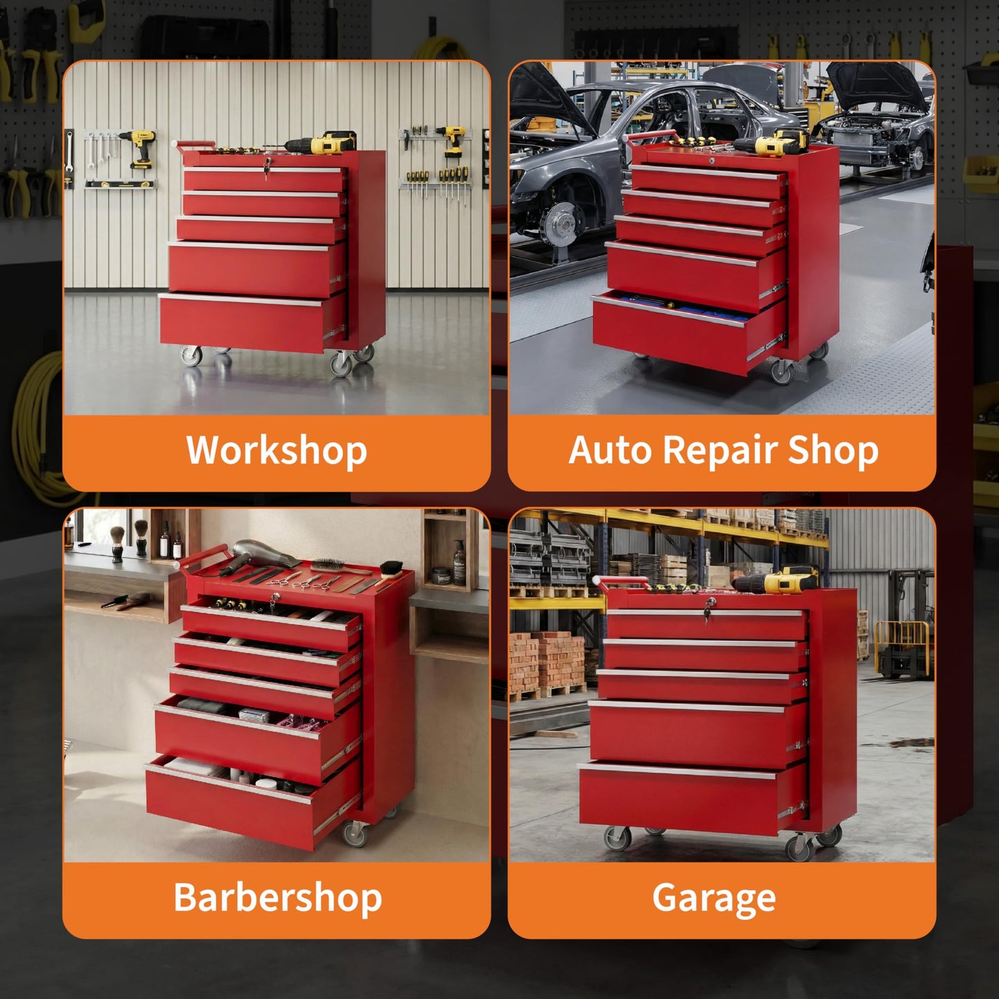 SierraSquad Rolling Tool Chest, 5-Drawer Tool Storage Cabinet, Tool Box with Wheels, Lock System and Drawer Liners, Tool Cart for Warehouse, Workshop and Repair Shop, Red