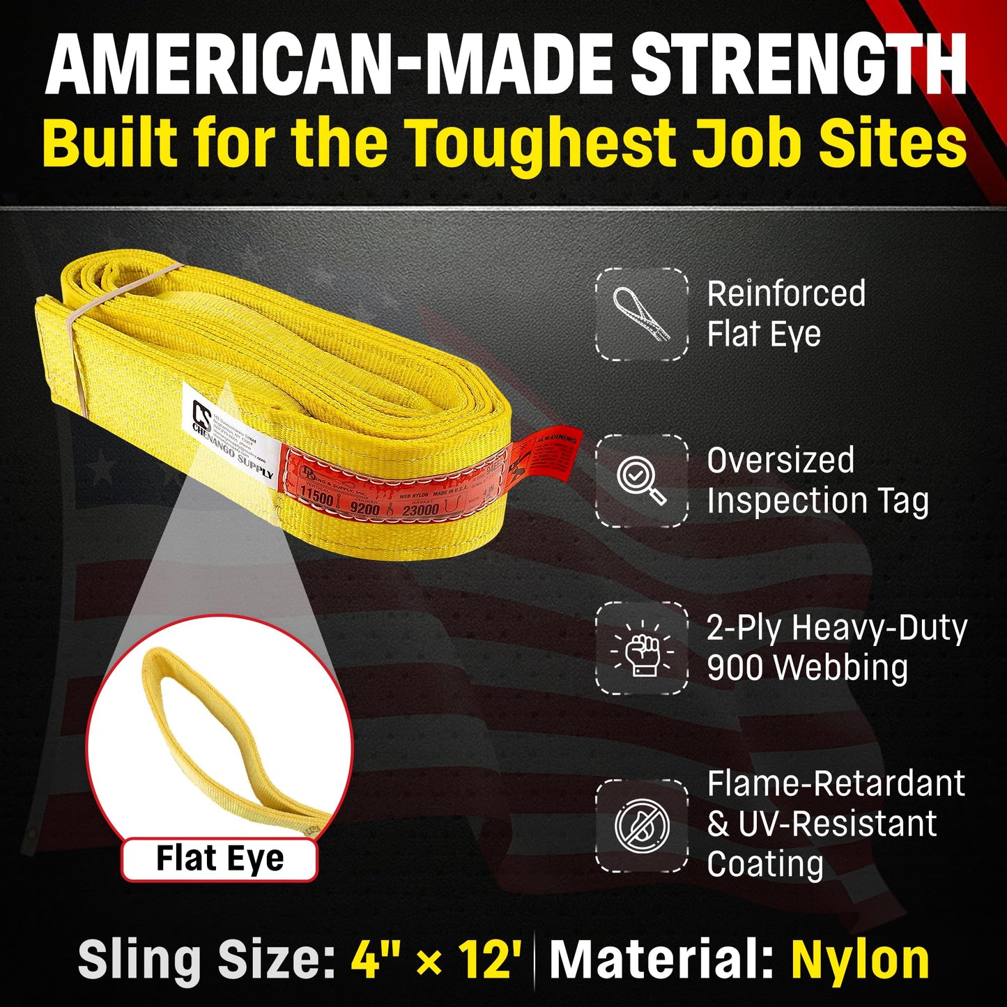 DD Sling 4 Inch x 12 Foot Nylon Lifting Sling – USA Made, 6,400 lb Vertical, 5,100 lb Choker, 12,800 lb Basket – 2-Ply Heavy Duty 900 Webbing, Type 3 Flat Eye & Eye Rigging Sling