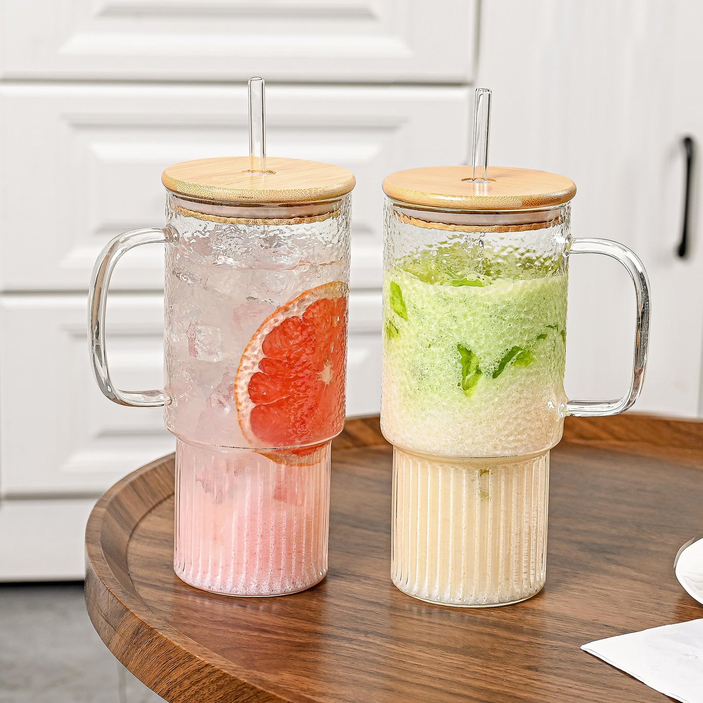 Oroklis 32oz Ribbed Glass Cup with Handle Lid and Straw, Borosilicate Glass Tumblers, Iced Coffee Cups Modern Glass Mug Hot/Cold Drinks for Smoothies, Tea, and Juice (clear-1 Pack-Bamboo Lid)