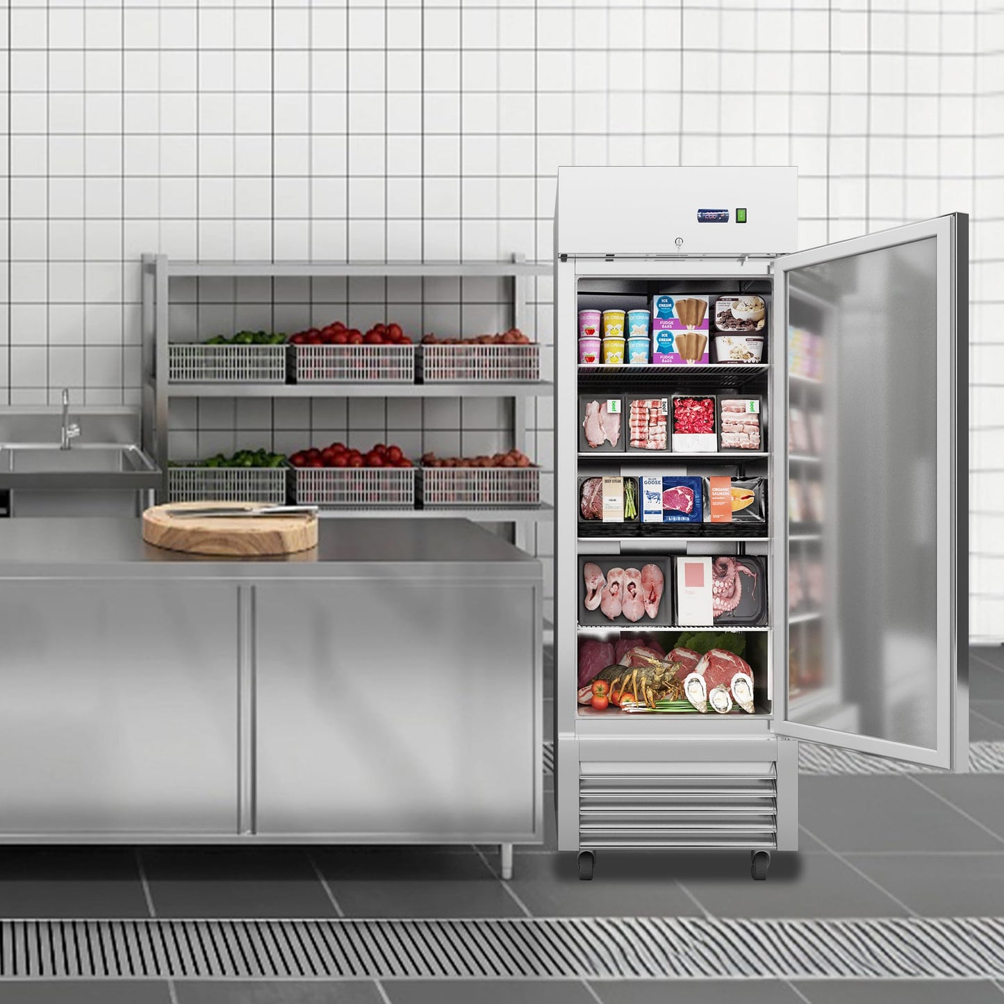 JINSONG 27" Commercial Freezer with Single Solid Door, 23 cu.ft Stainless Steel Reach-in Freezer for Restaurant, Bar, Shop, Residential, with 4 Shelves and 4 wheels