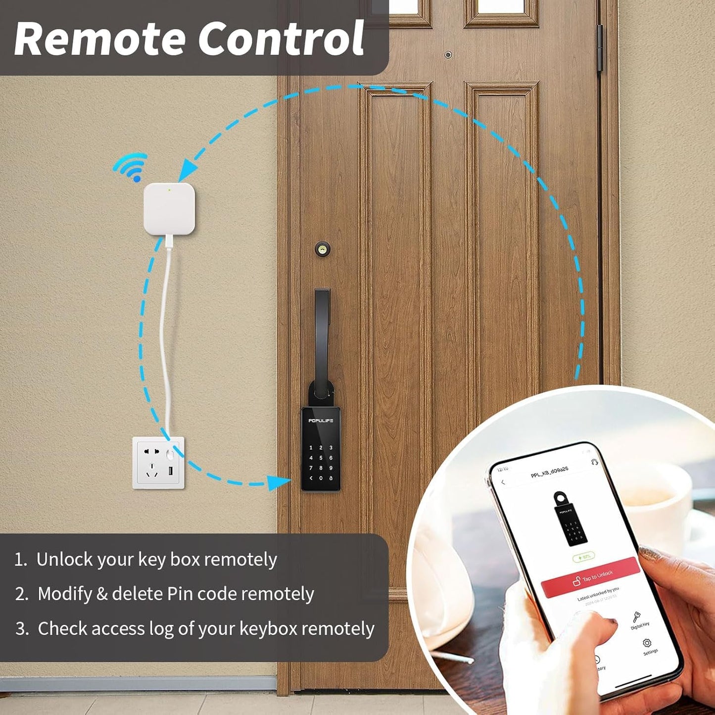 WiFi Lock Box for Outside with Gateway, Remotely Control Smart Key Lock Box, Wireless Lock Box for House Key, Door Handle & Wall Mount Sturdy Alloy Lockbox IP66 Waterproof