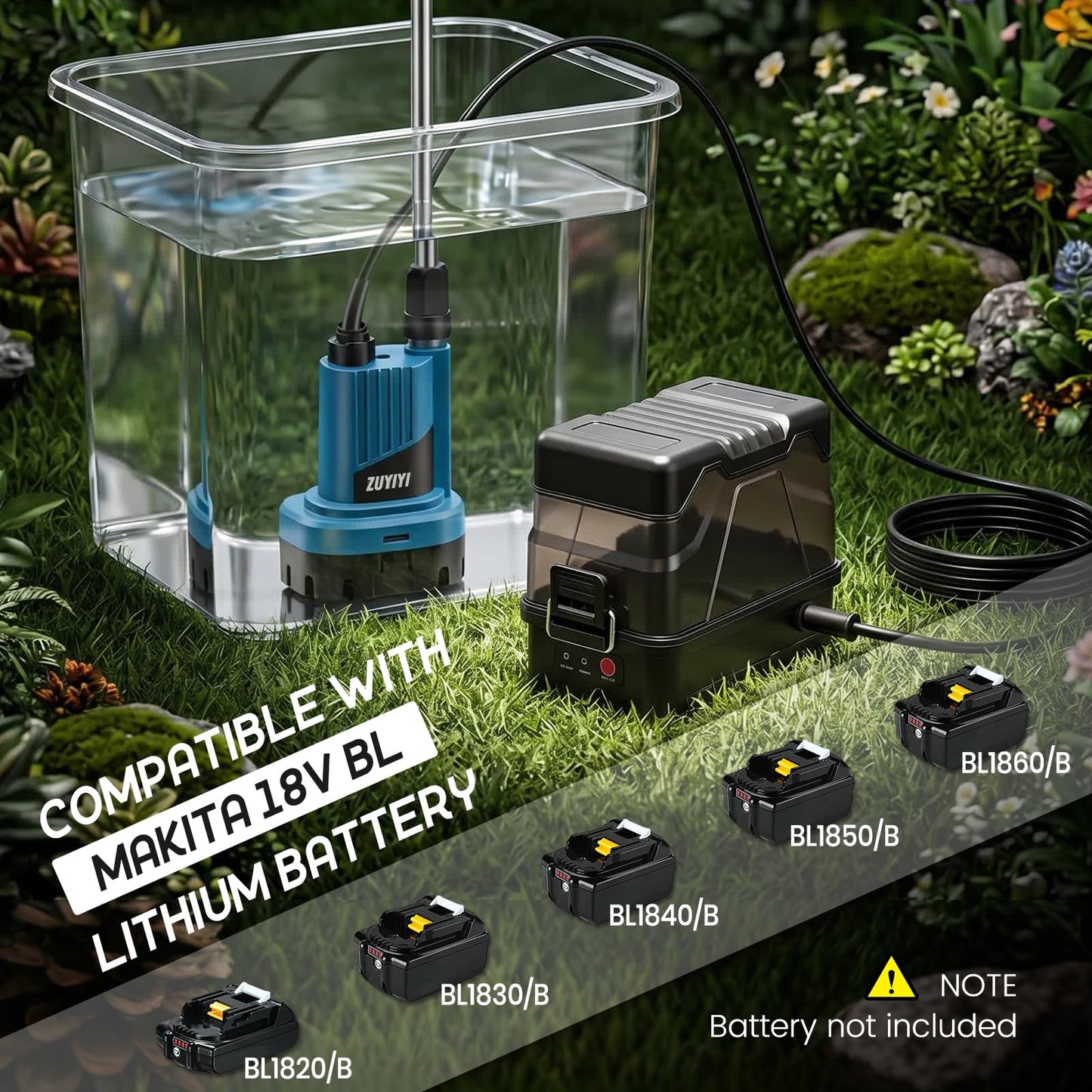 ZUYIYI 2-in-1 Cordless Submersible/Stick Water Transfer Pump for Makita 18V Battery (NOT Included), 713GPH, 66Ft Lift Portable Sump Pump, Electric Utility Pump for Pool, Pond, Garden, Basement