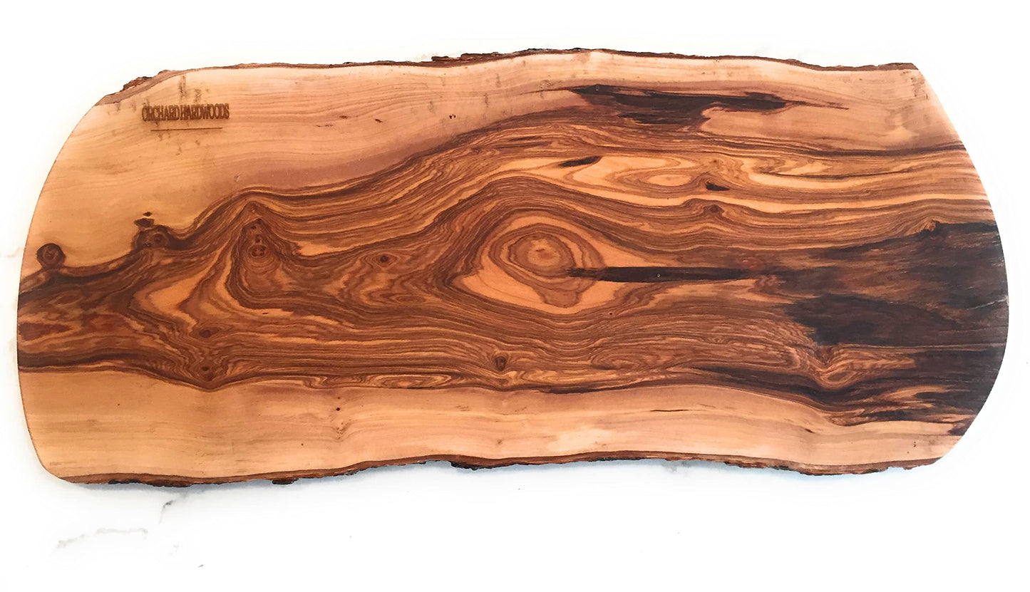 24" Rustic Handmade Bark Edge Olive Wood Charcuterie Board Extra Large by Orchard Hardwoods- Cutting, Chopping, Serving- Wooden Slab, Unique Gift, In Sm 12", Med 16", Lg 20", XL 24"(XL 24x7-10x0.8)