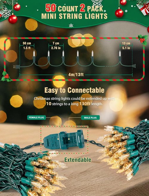 Hopolon Clear Christmas Lights Set - 50 Count Mini String Lights | 13 Feet Warm White for Indoor/Outdoor Decor
