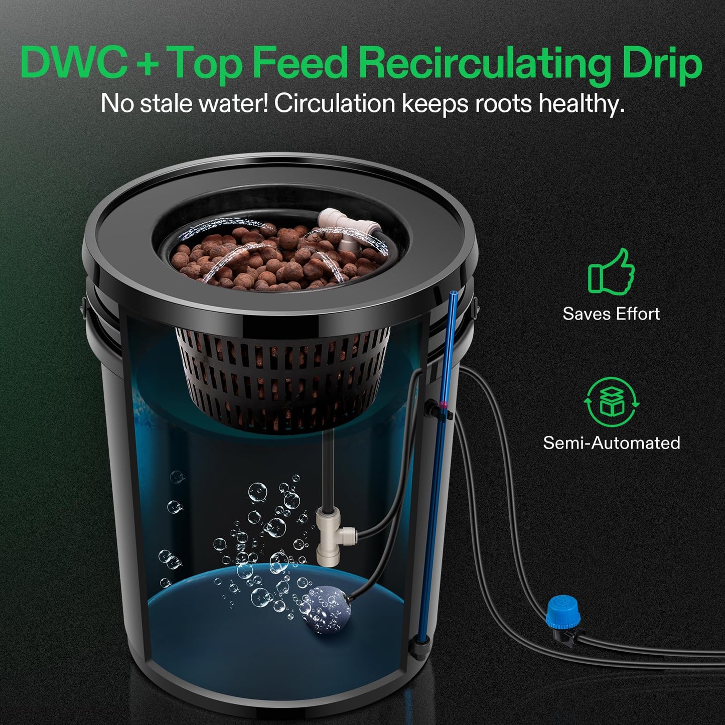 VIVOSUN DWC Hydroponics Grow System with Top Drip Kit, 5-Gallon Deep Water Culture, Recirculating Drip Garden System with Multi-Purpose Air Hose, Air Pump, and Air Stone (4 Buckets + Top Drip Kit)